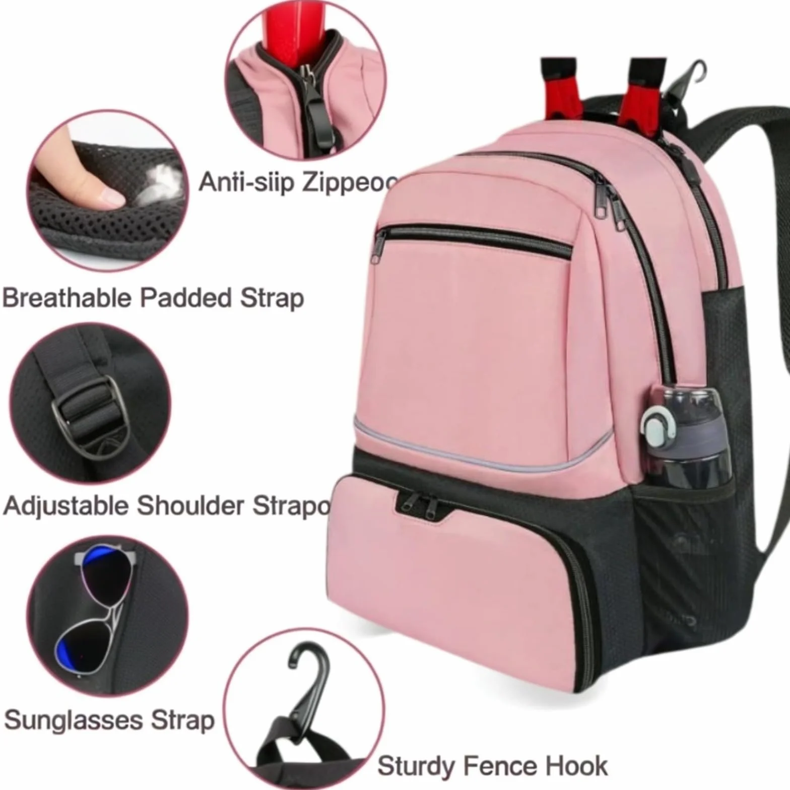 Bolsa de tenis con gancho para valla, compartimento separado para zapatos, bolsillo de malla para pelotas