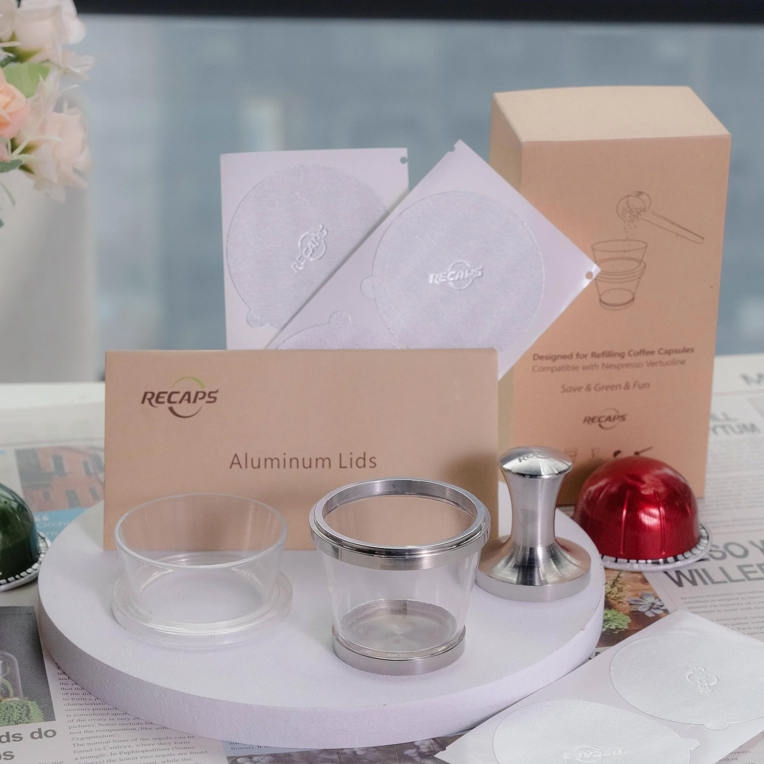 RECAPS Kit de manipulación de portaherramientas de llenado compatible con cápsulas de café Vertuoline (1 manipulación y 1 soporte y 30 tapas)
