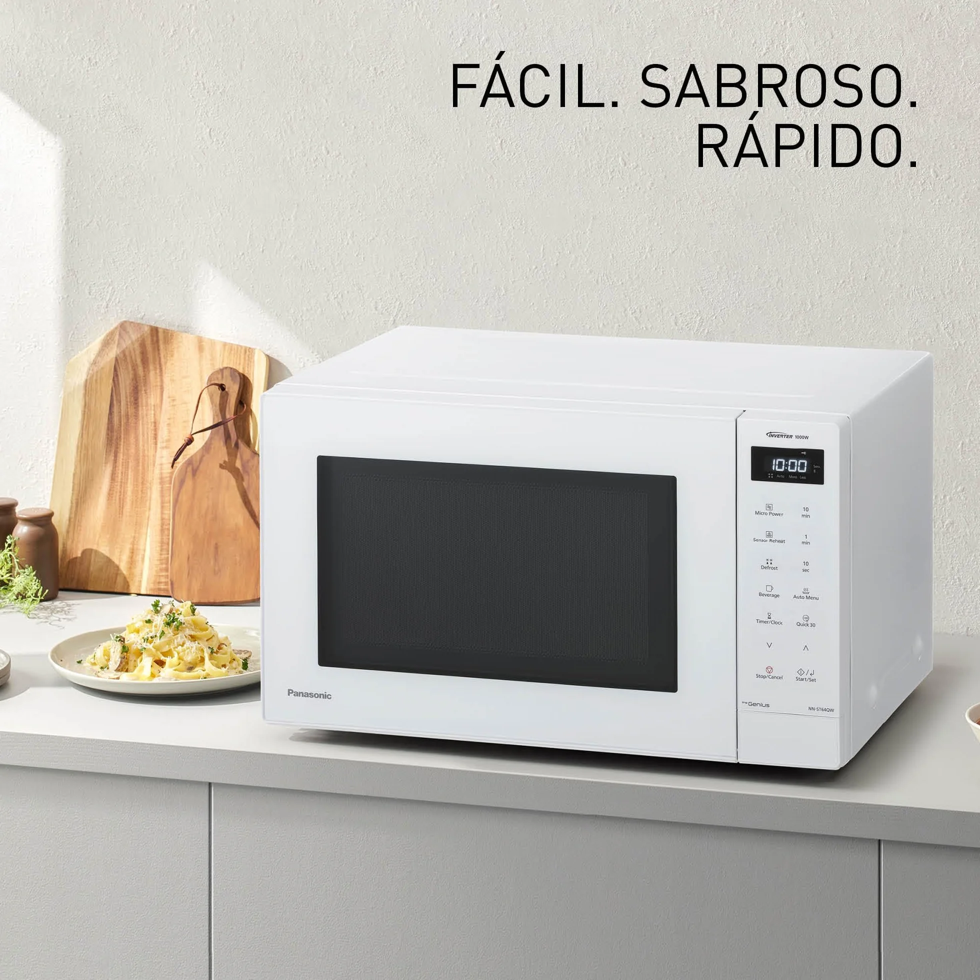 Panasonic NN-ST64QWEPG Microondas Solo Inverter 32L, 1000 Vatios Potencia, 20 programas automáticos, Función Quick 30, Control Táctil, Cocción Uniforme y Descongelación, Blanco