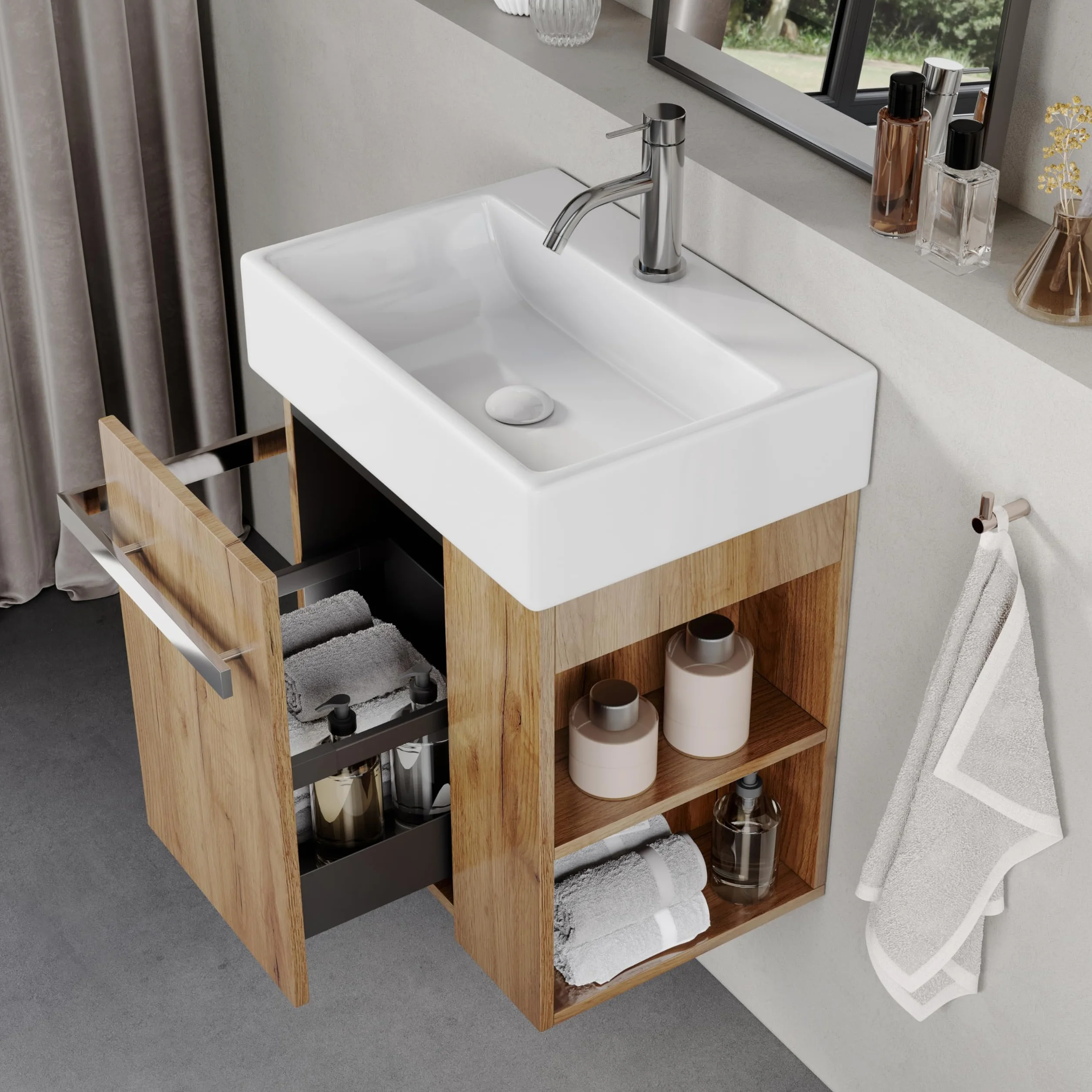 Mueble de Baño 50 cm con Lavabo de Cerámica – Cajón con Cierre Suave, Tirador para Toallas, Instalación Izquierda/Derecha Opcional, European Oak