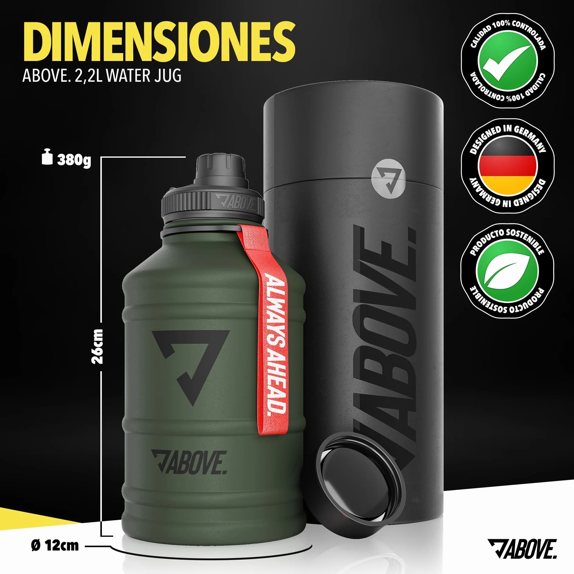 Botella Agua Acero Inoxidable 1.3L 2.2L Sin BPA Antifugas 2 Tapas Fitness Deporte Gimnasio