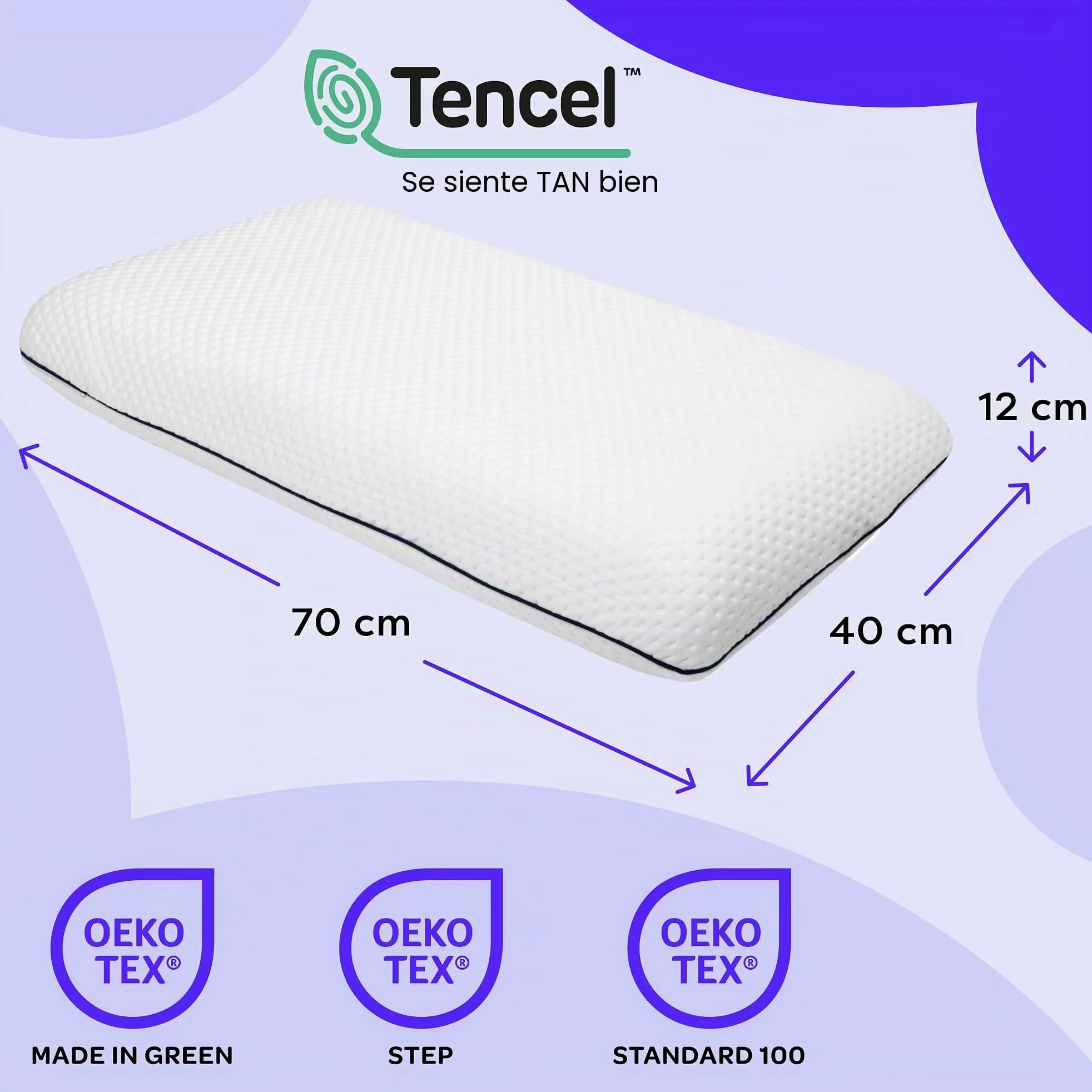 Wolkenfeld Almohada Viscoelastica Memory Foam 70x40x12 - Almohada Cervical Transpirable y Cómodo - Soporte Óptimo para Cuello, Espalda y Hombros - Fibra Tencel - Certificado Oeko-Tex