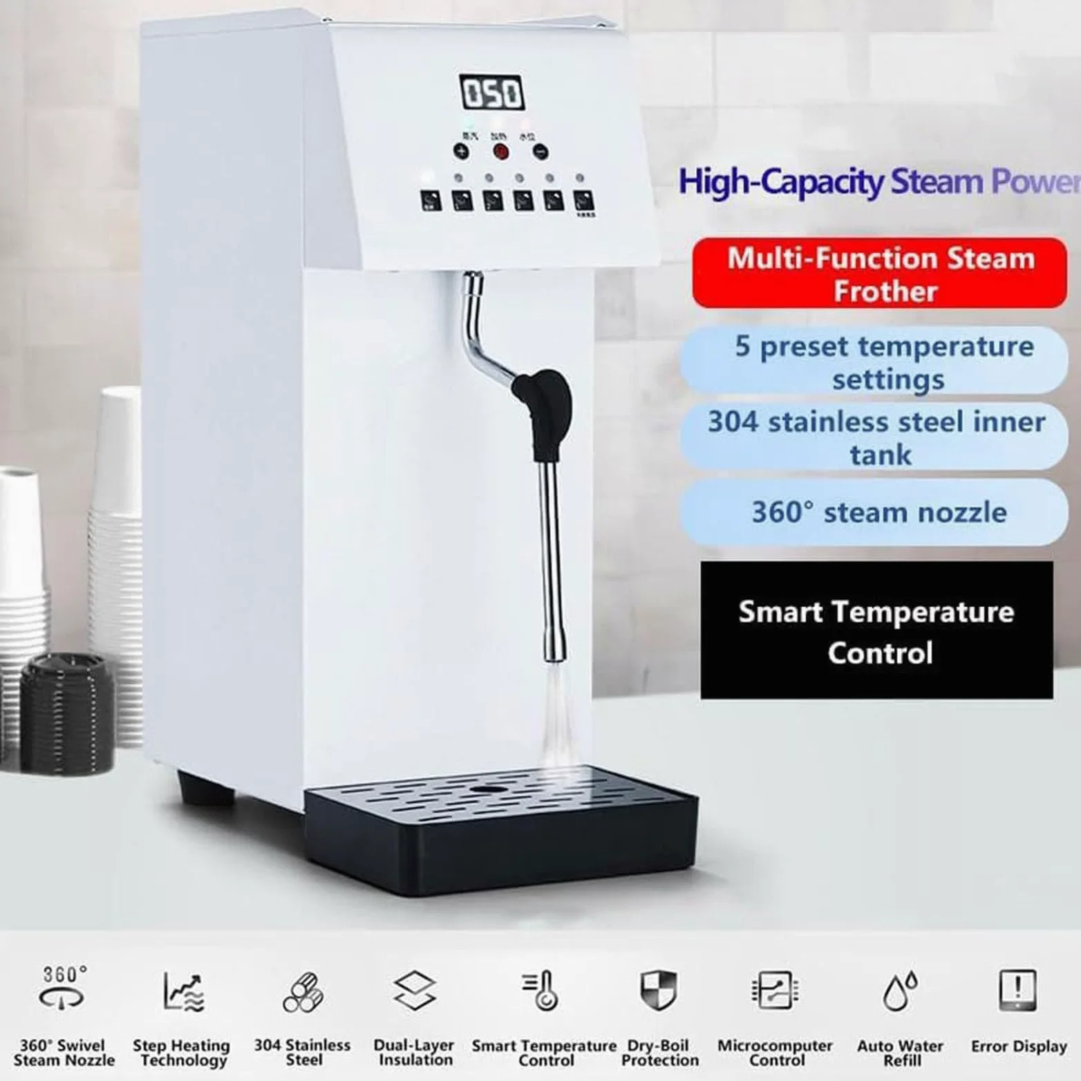 Espumador de leche eléctrico comercial con pantalla LED, calentamiento rápido de 2500 W, gran capacidad de 6 L para cafeterías y teterías.