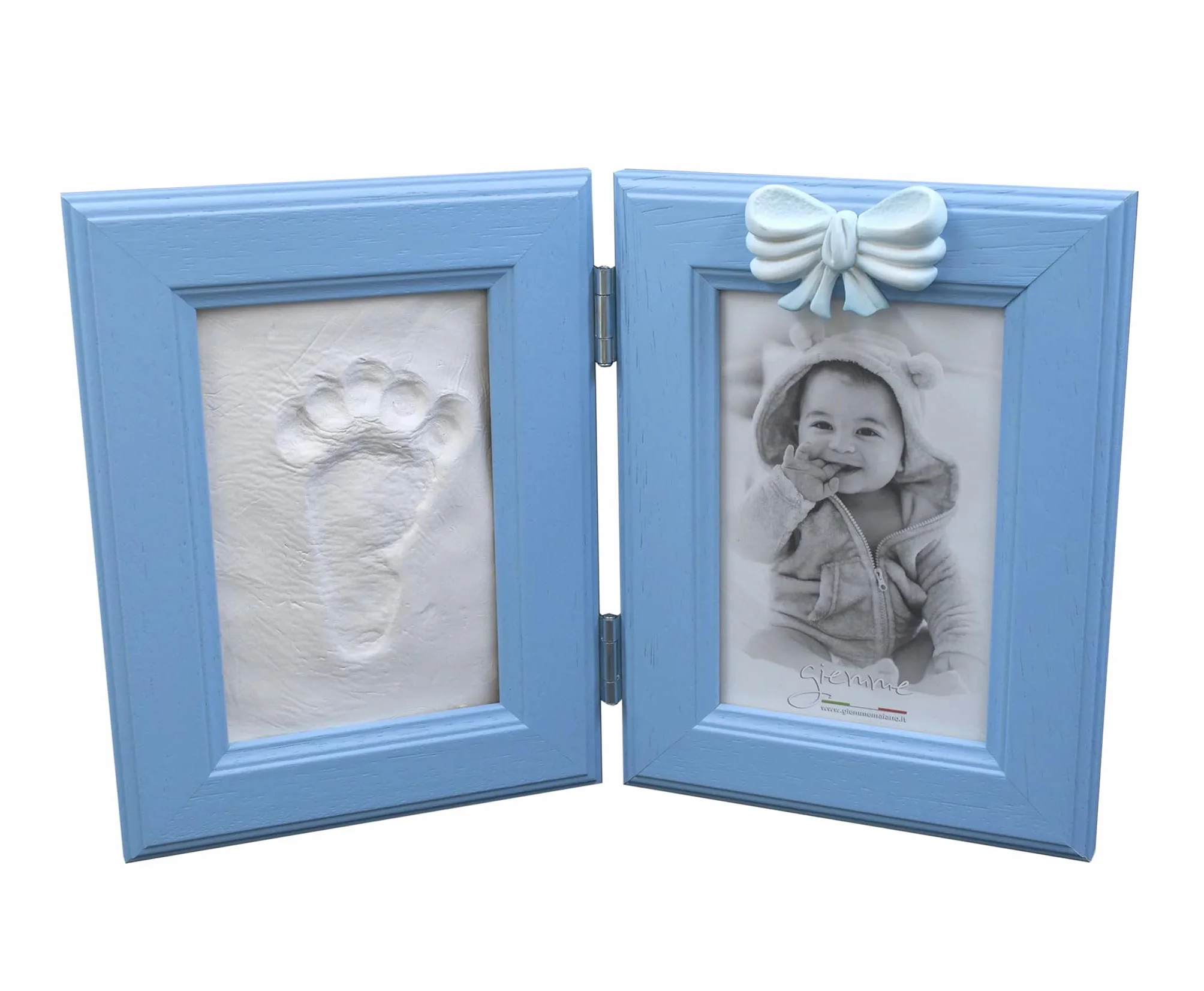 Marco Huella de bebé azul con lazo - Fotos 2 x 15 x 10 cm - Kit Huella Pie y Mano Niño con Pasta Modelable - Marco Doble Recuerdo Nacimiento Baby Shower Bautizo - Idea regalo
