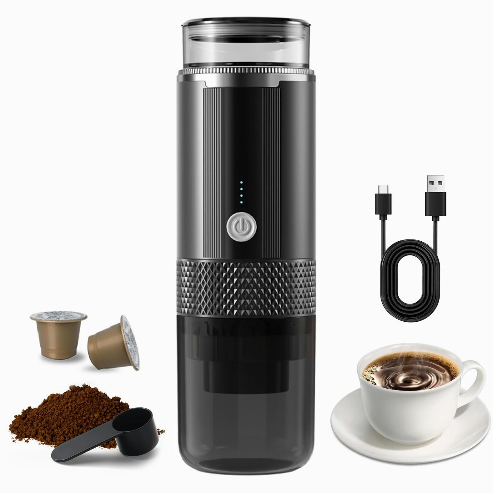 Máquina de Café Eléctrico Portátil Operación de un Botón con 4 Indicadores de Alimentación Luz Inalámbrica Inalta Recargable de café Trabajo con Cápsula de té de Chocolate Polvo