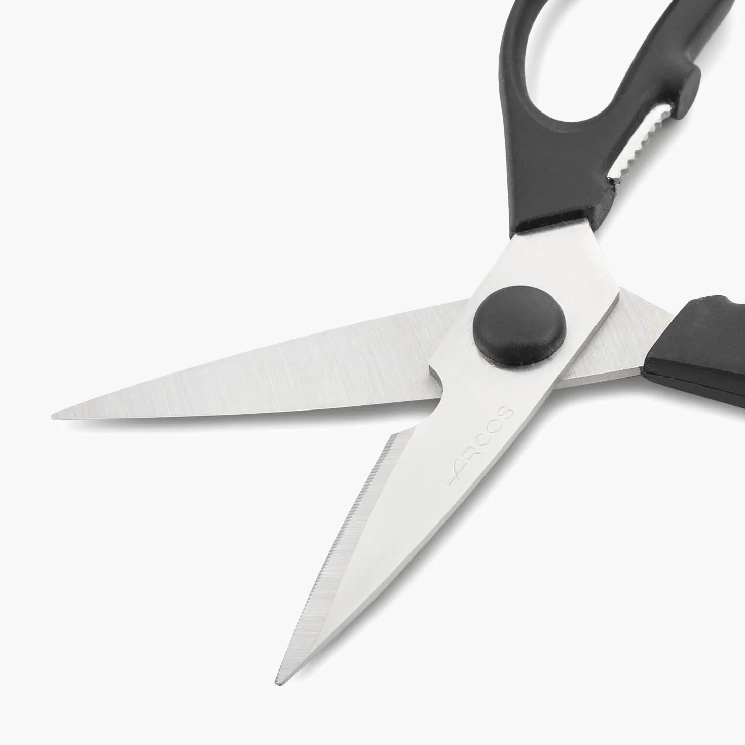 Arcos Tijeras de Cocina de Acero Inoxidable Nitrum. 195 mm - 154 gr. Mango ergonómico polioximetileno POM. Serie Prochef. Borde liso y elegante mango. Color negro.