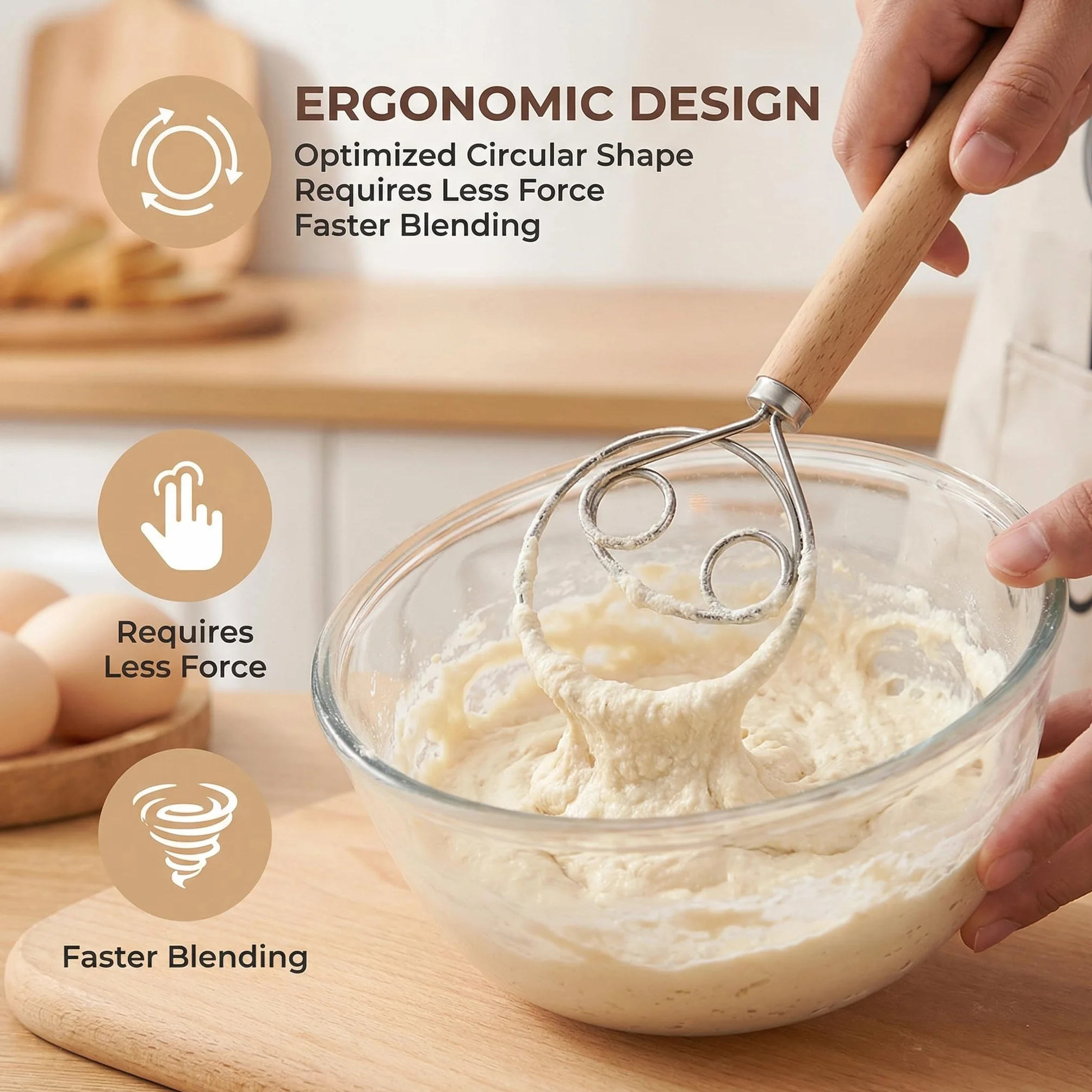 2 Piezas Batidor de Masa Danés, Varillas Cocina de Acero Inoxidable, Batidora Manual con Mango, Accesorios de Cocina para Pan, Masa, Galletas y Pizza