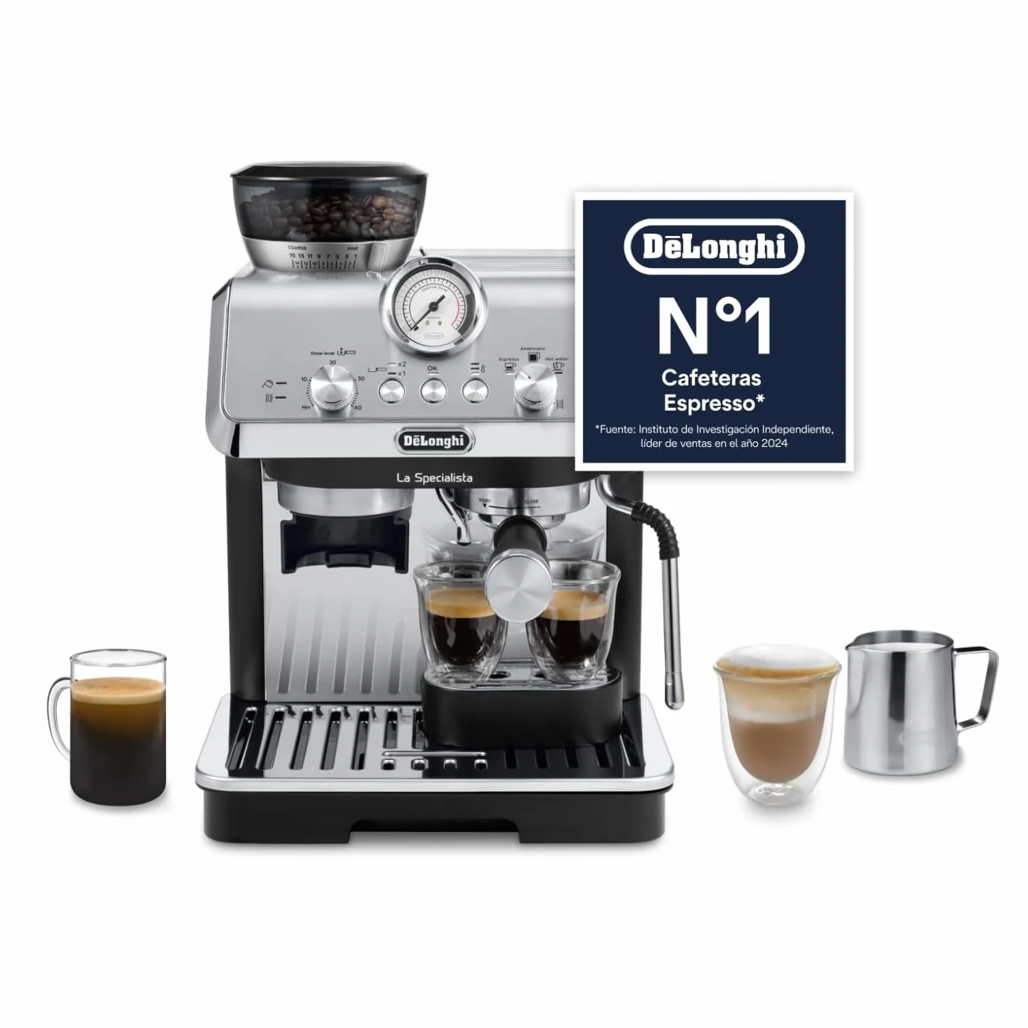 De'Longhi Perfetto La Specialista Arte, Máquina de Café Espresso y Cappuccino con Bomba, Máquina de Café en Grano, 3 Recetas Predefinidas, 8 Ajustes de Molienda, EC9155.MB, Metal/Negro