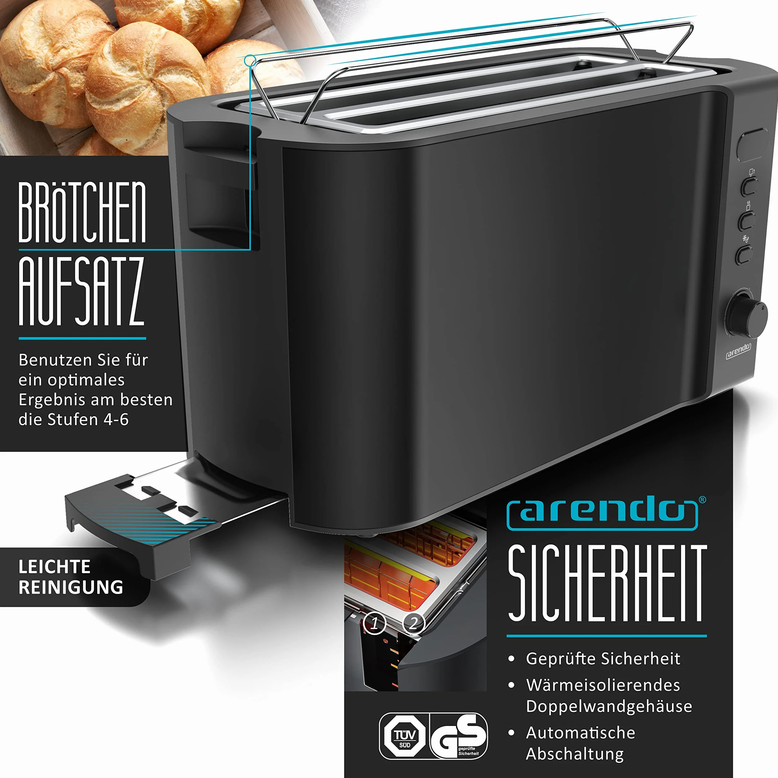 Arendo - Hervidor de agua con tostadora de acero inoxidable negro, hervidor 1,5 l, 40 °, 100 °C, función de mantenimiento caliente, tostadora, 4 rebanadas, pantalla LED, 6 niveles de bruñido