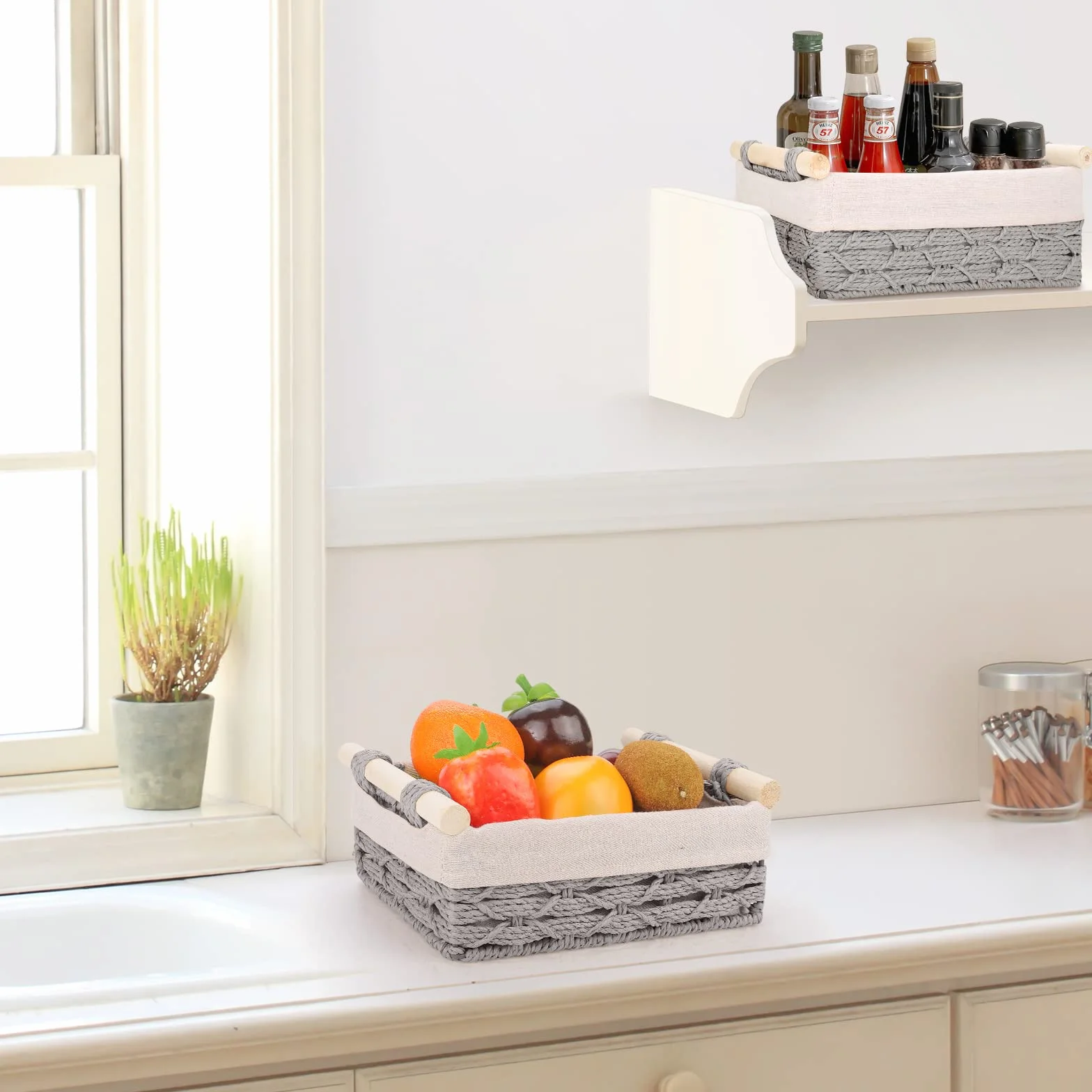 VORHOT 2 Piezas Cestas Almacenaje Tejida Cuerda Papel Boho Decor Cesta Bebe Organizadoras Mango Madera Cajas Decorativas Armarios