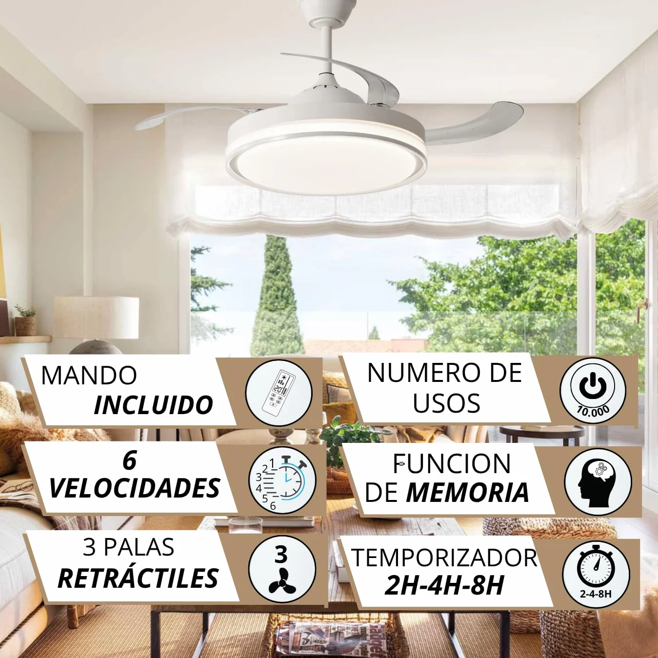 NARVI Ventilador de Techo Blanco con Luz LED Regulable, Motor DC 30W Silencioso de Bajo Consumo, Lámpara Ventilador con Mando a Distancia, 3 Aspas Retráctiles, Función Invierno Verano, LOVANIA 1576 WH