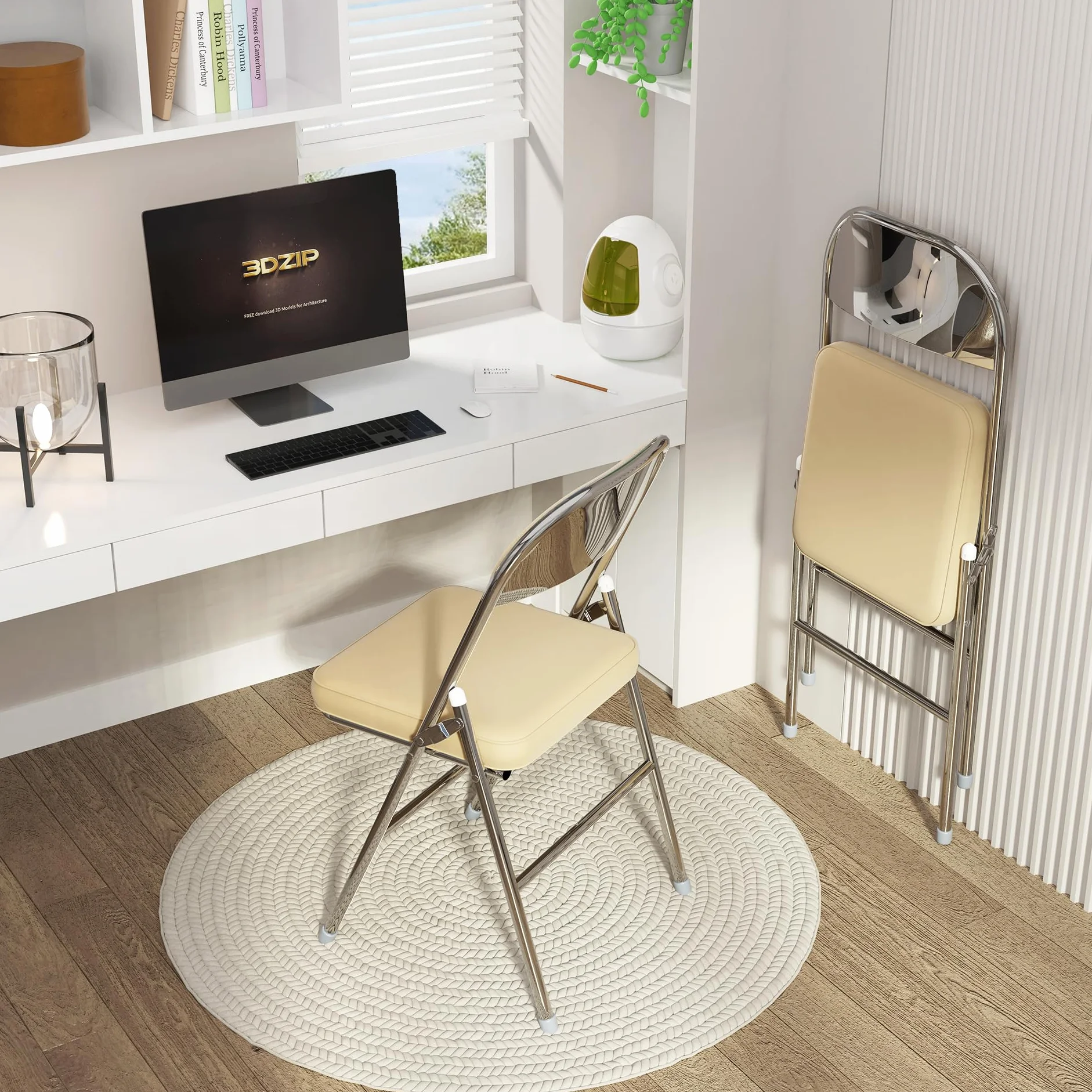 Juego de 4 Cómoda Silla Plegable sillas Plegables de Cuero para Cocina con cojín Grueso, sillas de Comedor Plegables para Cocina, Interior, Exterior, Sala de conferencias Beige