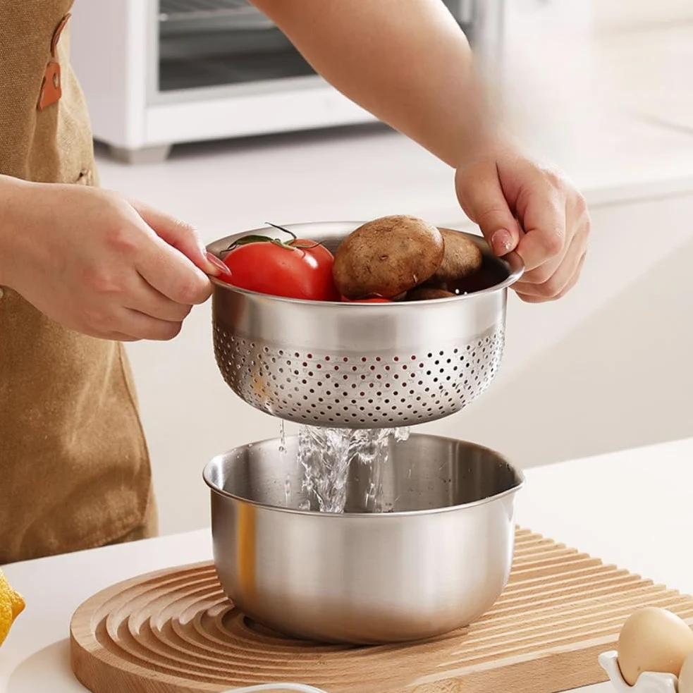 Juego de colador de acero inoxidable, 2 piezas de colador de frutas y verduras con cuenco medidor, cesta de drenaje de pasta para uso en cocina y campamento (M)