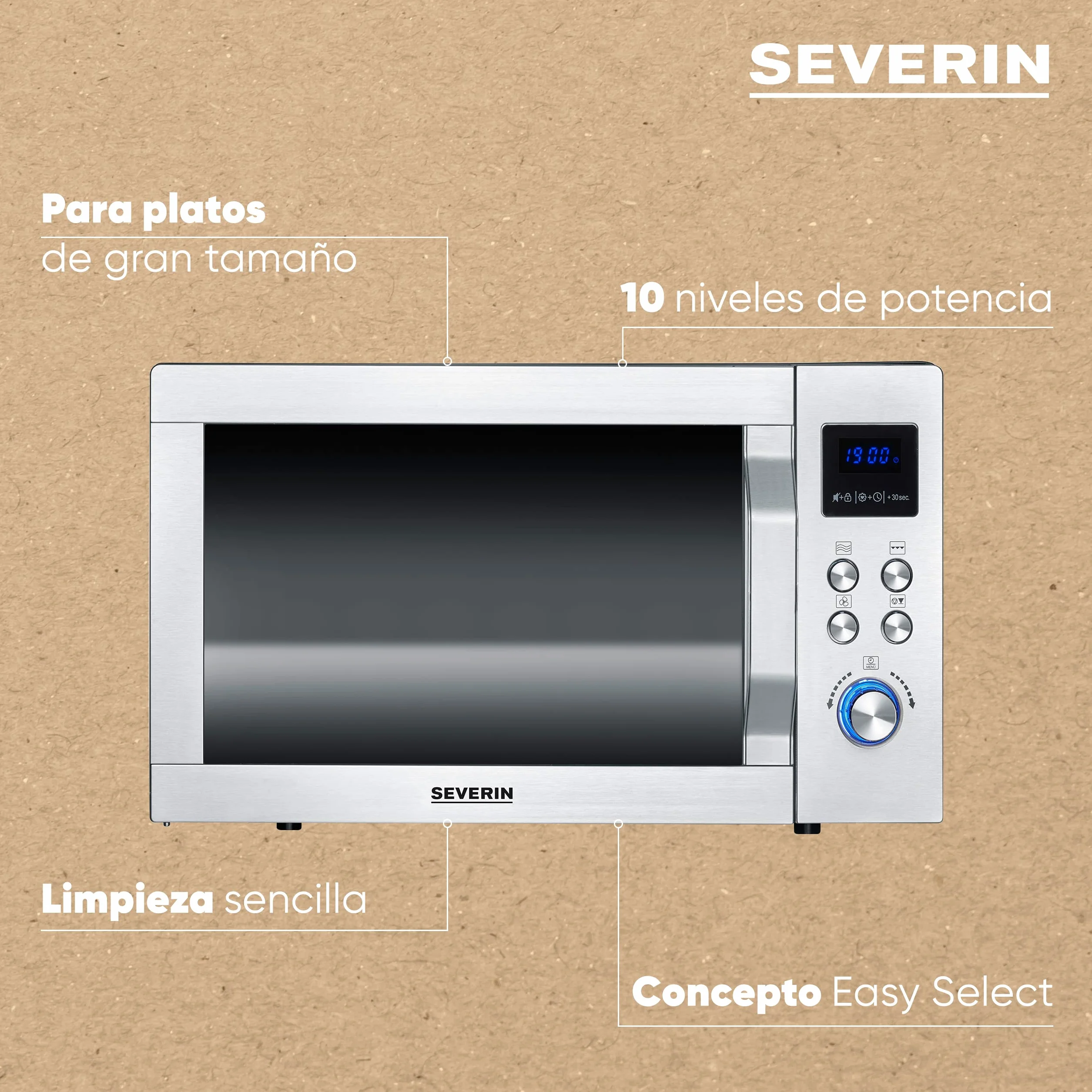 SEVERIN Microondas 3 en 1, microondas con grill, convección y base de vidrio, microondas digital amplio para platos cuadrados, acero inoxidable/negro mate, MW 7777