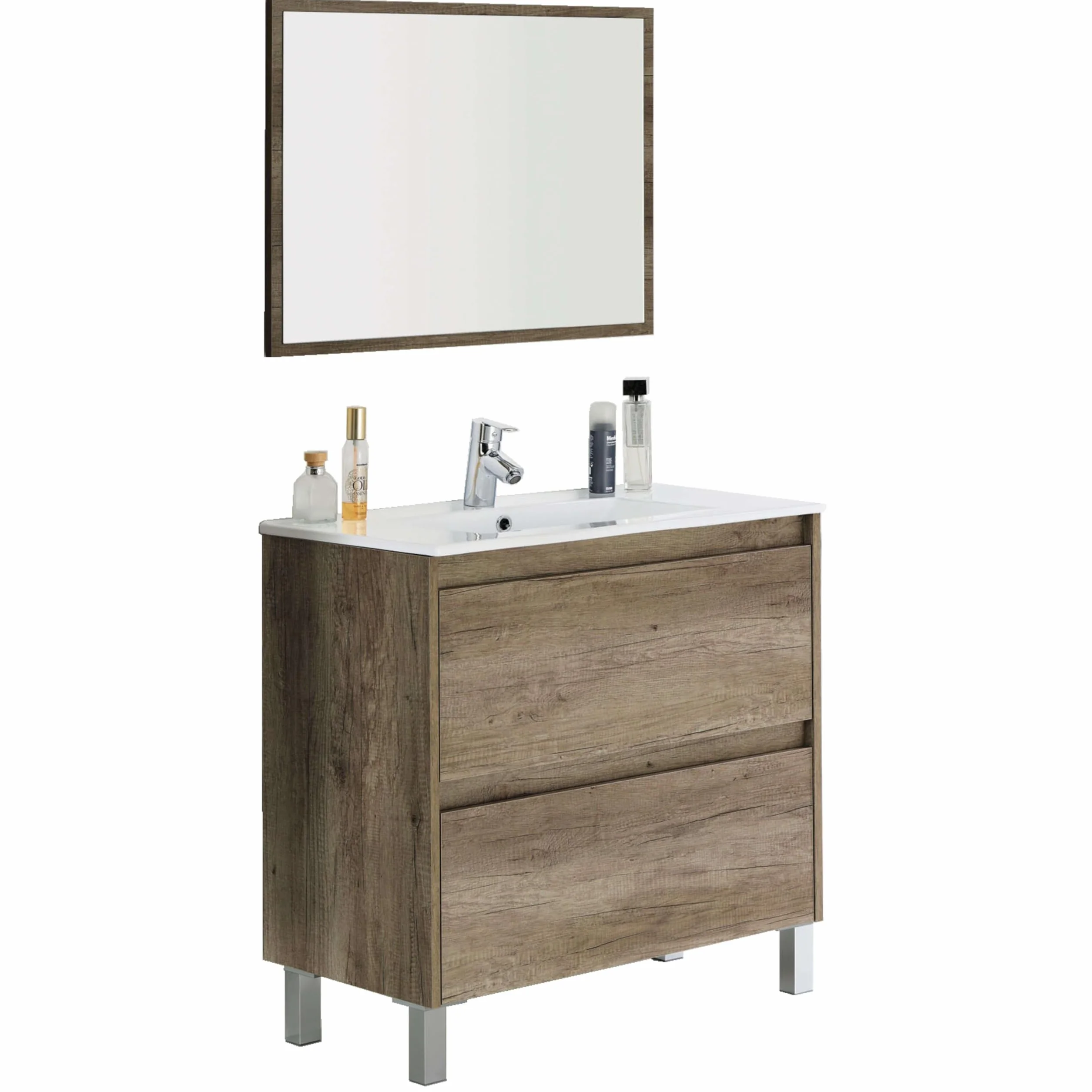 Mueble Lavabo CERÁMICO con 2 CAJONES + Espejo + Columna 2 Puertas