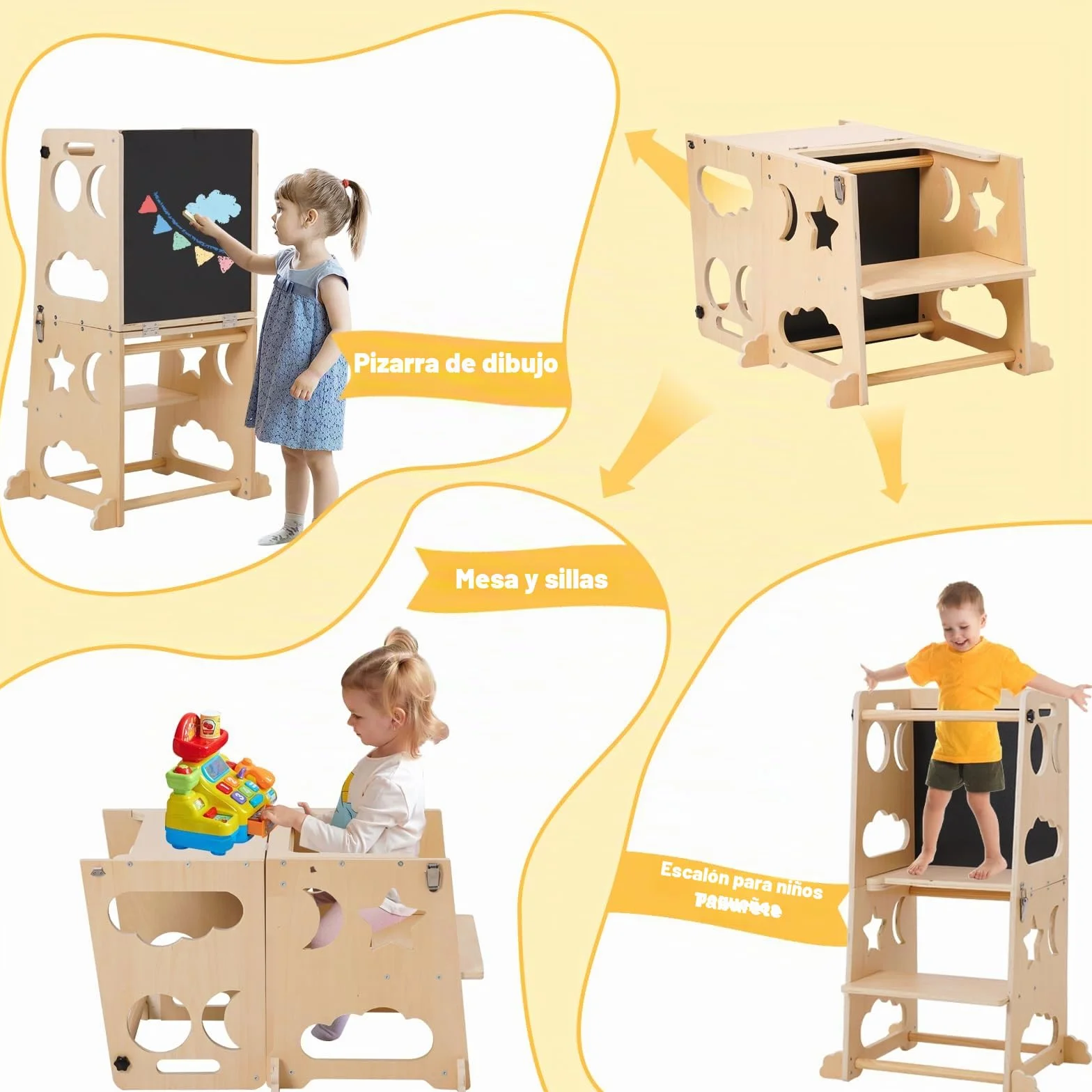 Torre de Aprendizaje Montessori, Torre de Aprendizaje 3 en 1, Taburete Plegable con Pizarra, para Niños de Madera, Taburete de Cocina Auxiliar para Niños, Adecuado para Mesa de Cocina y Baño