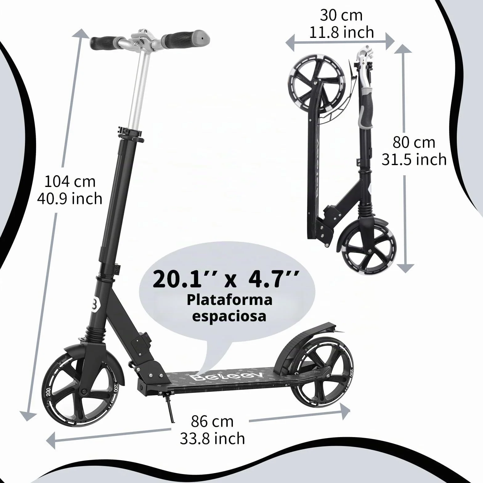 BELEEV Patinete Plegable 2 Ruedas con Luces LED, Rueda 200mm, Altura Ajustable, Adulto Niño