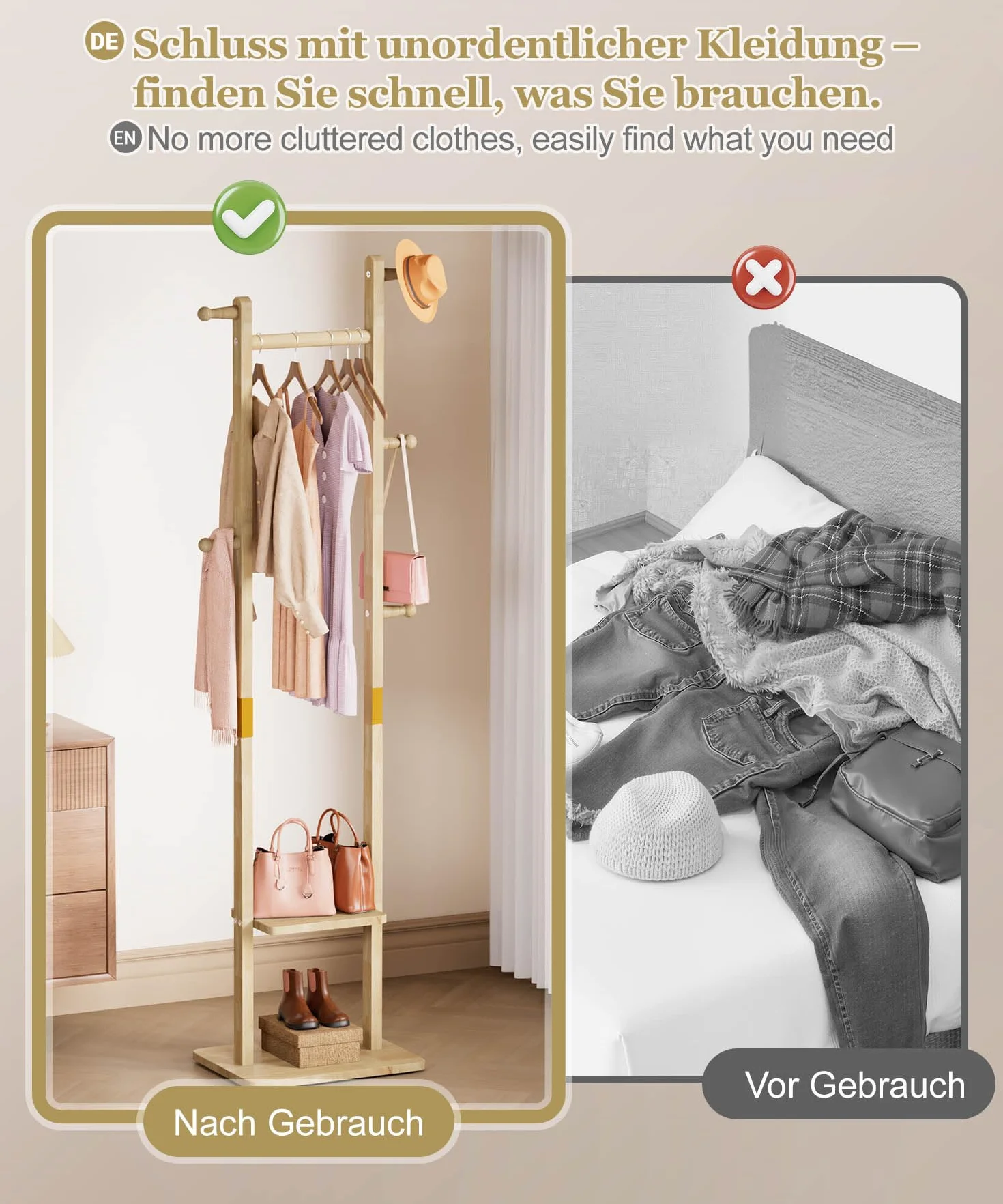 YORBAY Perchero de madera de pie: Burro Ropa con 2 estantes, 5 ganchos y 1 barra, ideal para guardar ropa, sombreros, chaquetas y bolsos, ideal para sala de estar Recibidor Dormitorio