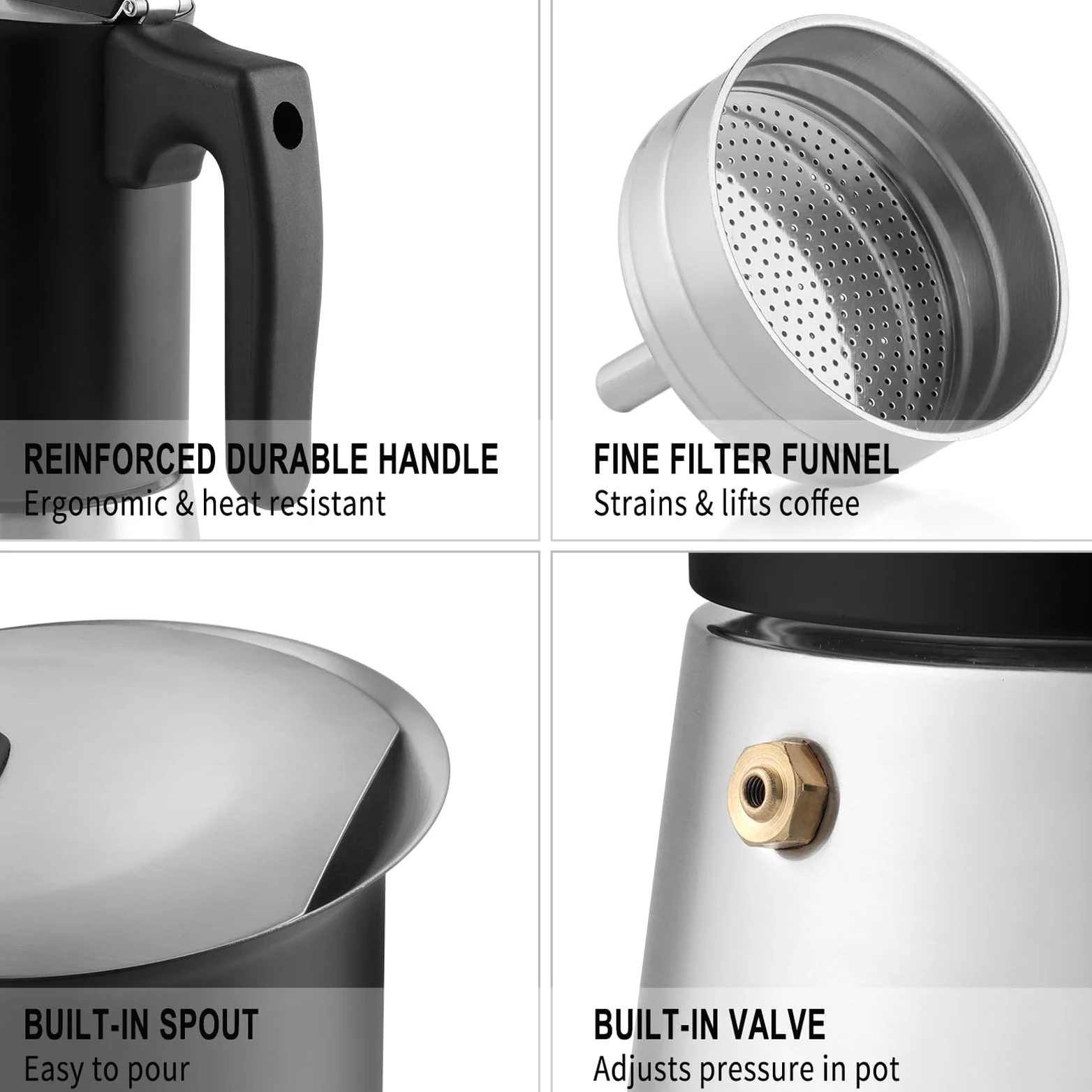 Sivaphe Cafetera de espresso de inducción, cocina de acero inoxidable, cafetera de espresso, cafetera moka, cafetera expreso sin aluminio, 6 tazas, 300 ml, color negro