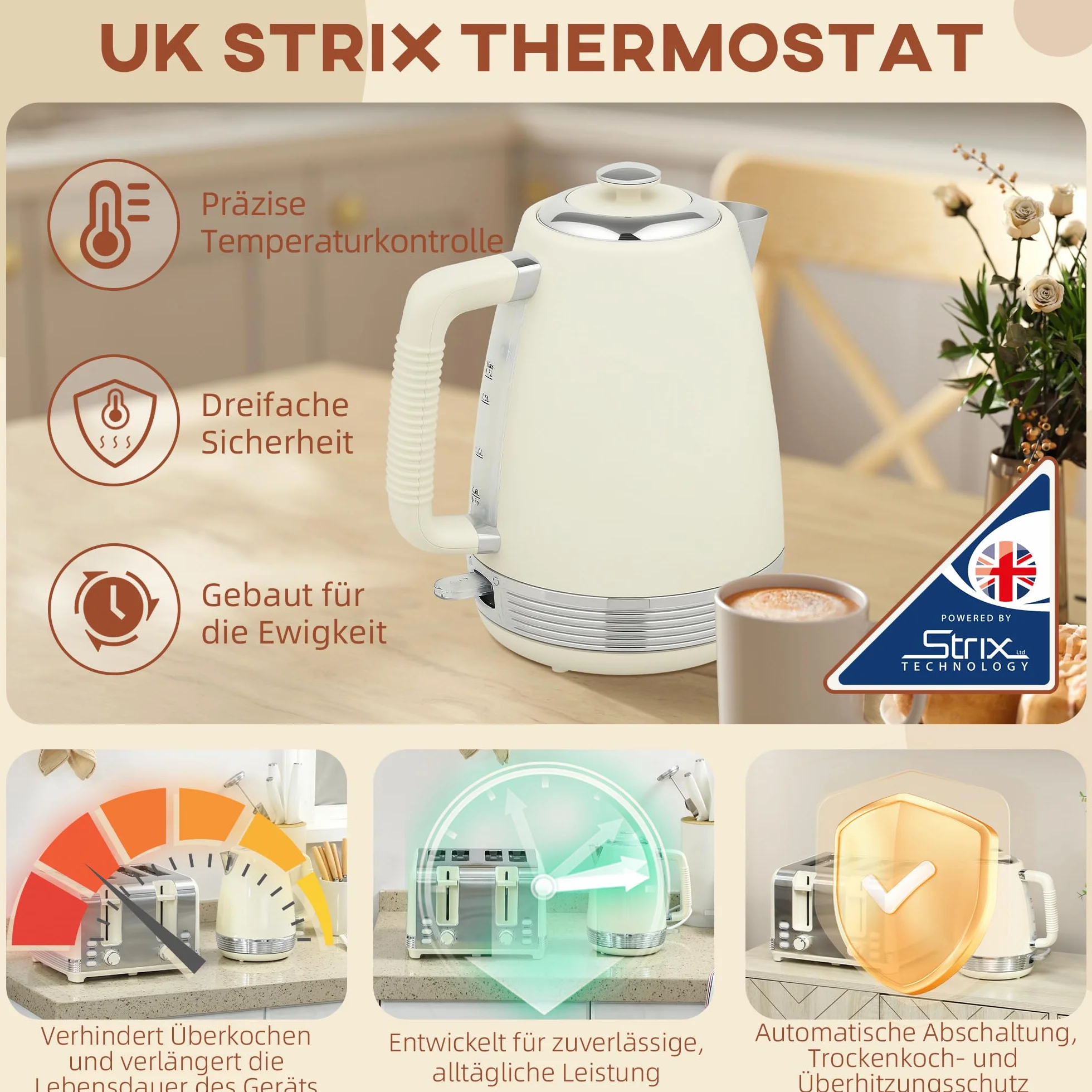HOMCOM Hervidor tostador Set de desayuno con tostador de 4 rebanadas, hervidor de 1,7 litros, 2200 W, 7 niveles de tostado, bandeja recogemigas, descongelación, recalentamiento y termostato Strix,