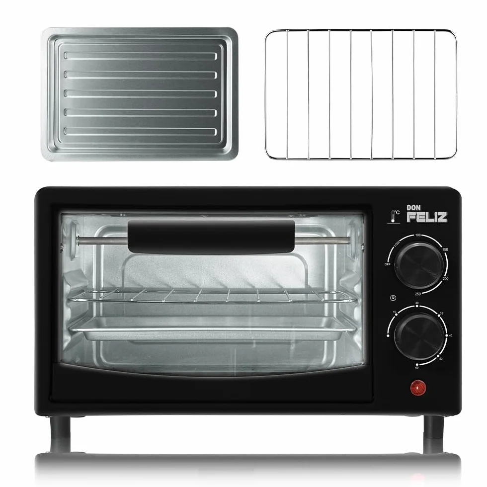 Horno Eléctrico Mini 12L, Multifuncional para Repostería, Tostadas, Pasteles y Pizzas, Negro, 32x18x20cm, Incluye Bandeja y Rejilla, DON FELIZ