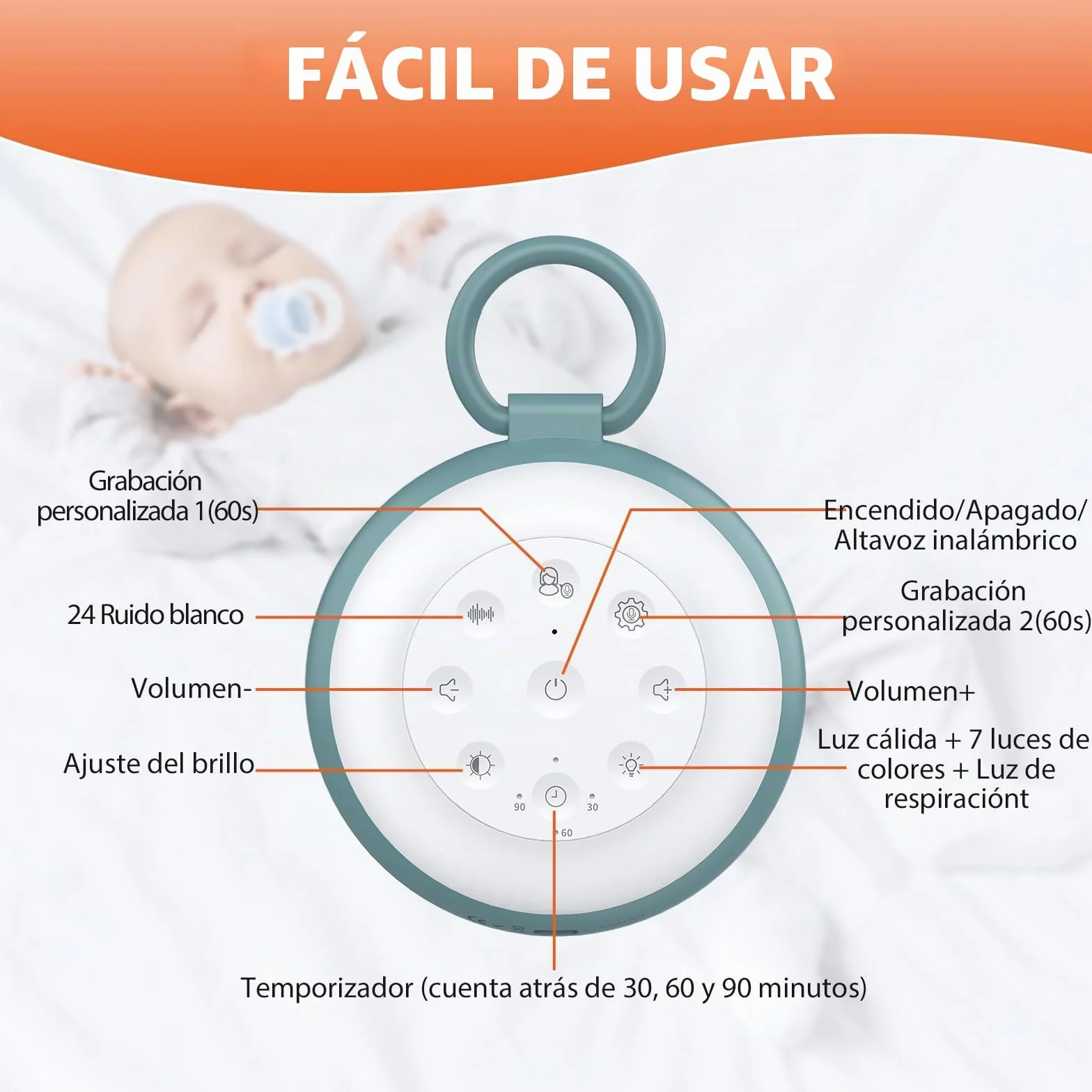 FUNYKICH Máquina de Ruido Blanco Portátil 24 Sonidos para Bebé con Memoria y Grabación Luz Nocturna Brillo Ajustable Batería Recargable