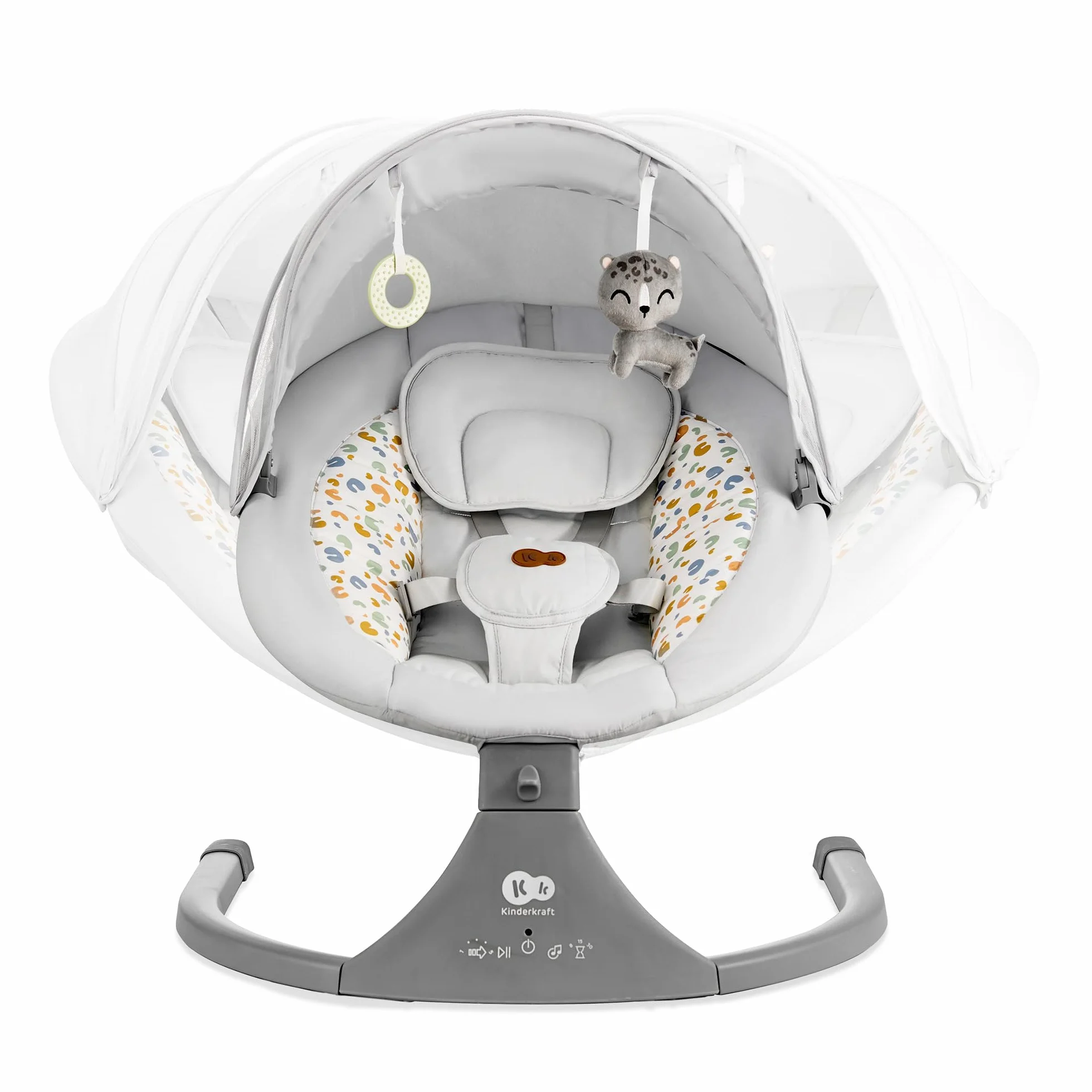 Kinderkraft Hamaca LUMI 2, Columpio eléctrico para bebés, Desde el nacimiento hasta los 9 meses, Altura regulable, 5 modos, 12 melodías, Arco con juguetes, Gris claro