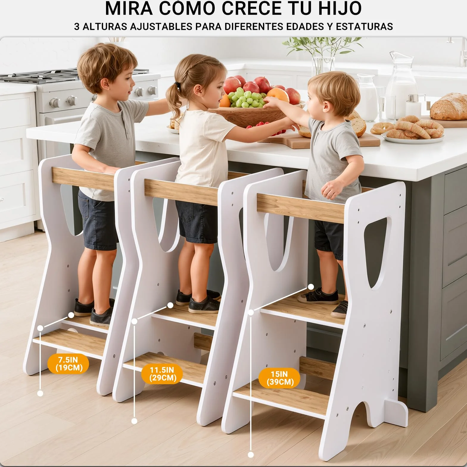 COSYLAND Torre de Aprendizaje Montessori Madera Altura Ajustable 3 Niveles Barandillas Seguridad Natural Blanco