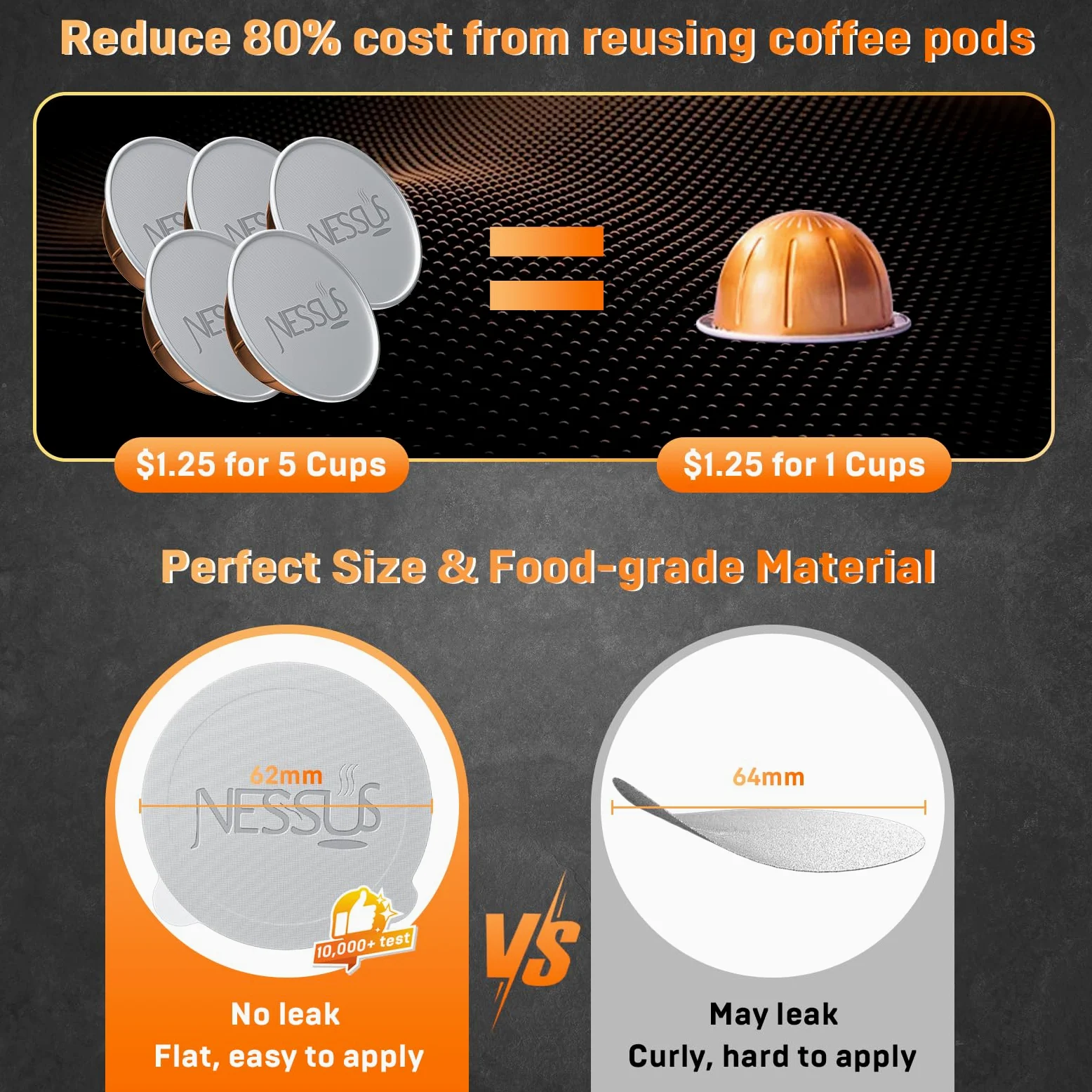 NESSUS Kit de recambio para cápsulas reutilizables Nespresso Vertuo, tapa de apertura rápida para sello original, 50 tapas de papel de aluminio, soporte de cápsulas Vertuo recargables y cepillo