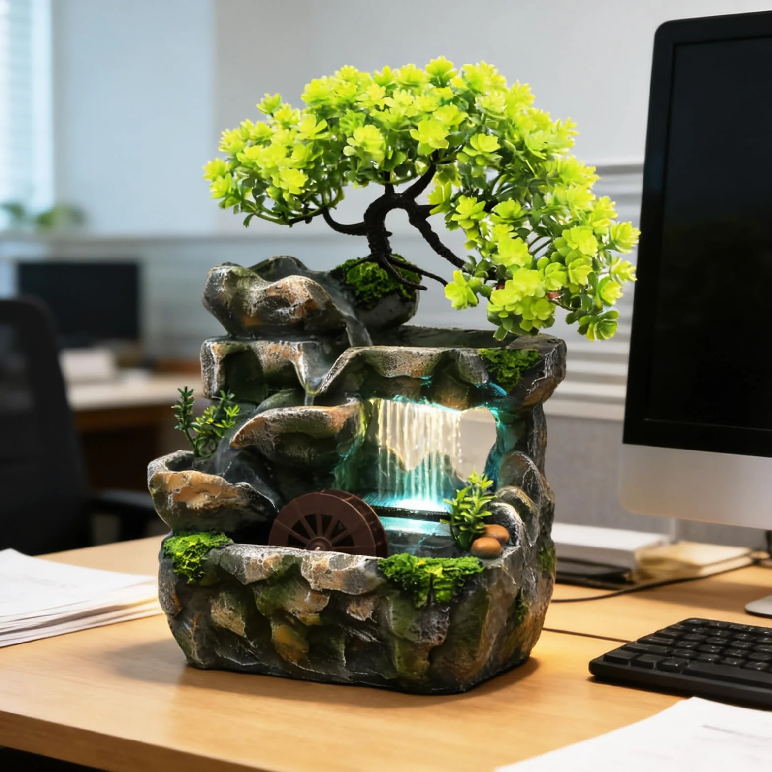 Fuente Agua Decorativa, Fuente de Interior con Iluminación LED Fuente de Mesa de Resina Cascada de Meditación Zen con Rueda Feng Shui Bomba Silenciosa Decoración de Mesa para Escritorio