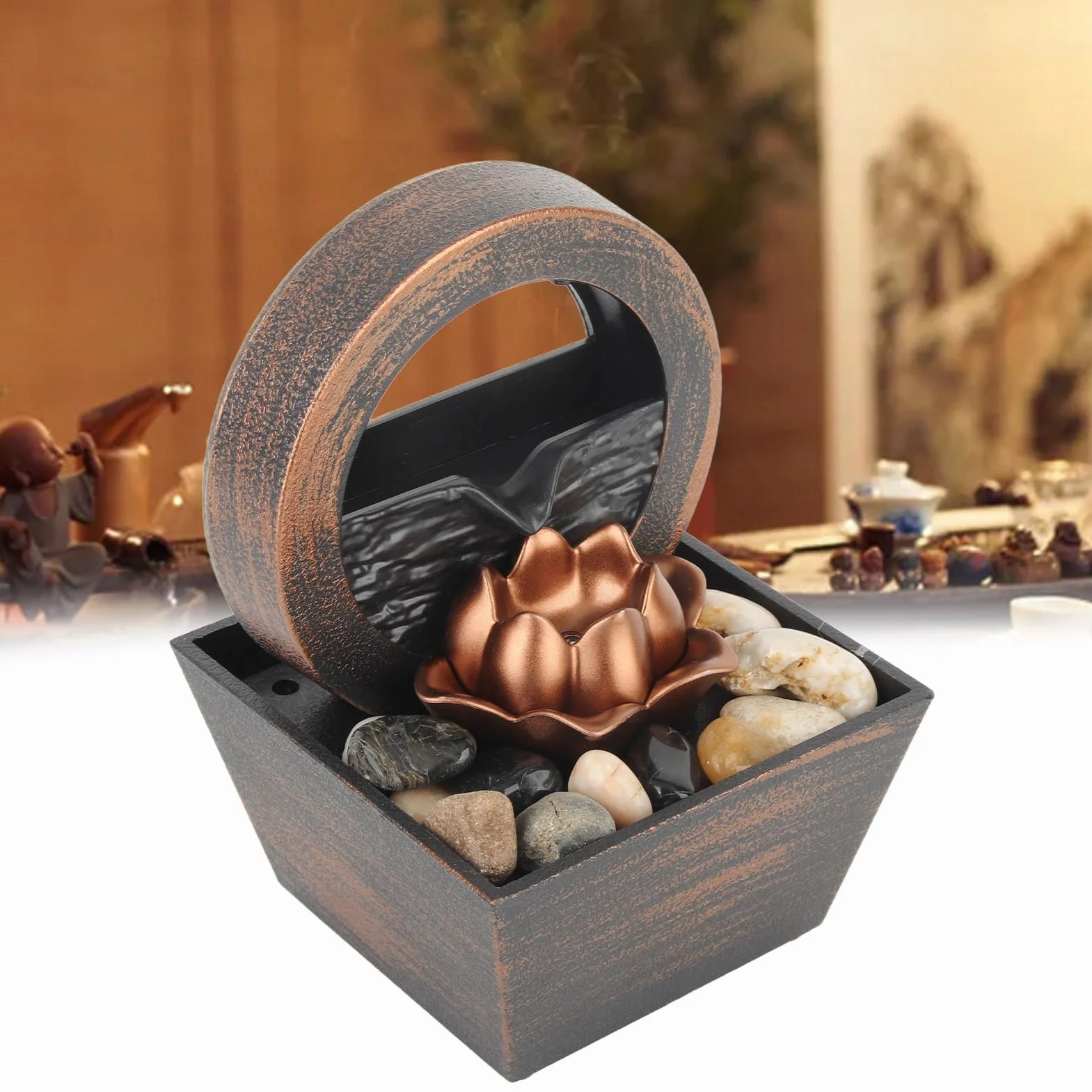 Fuente de escritorio Fuente de escritorio Fuente de cascada interior Cascada Decoración con flores de loto para la decoración del hogar con luz LED y cable USB
