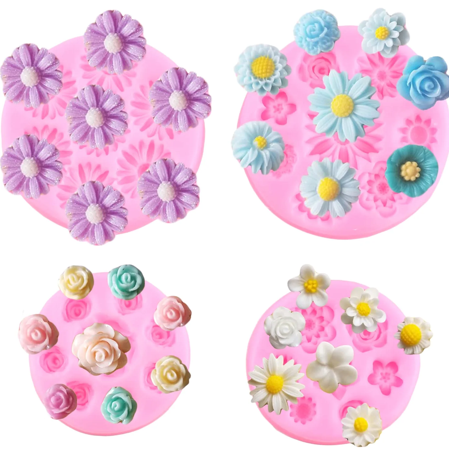 Mujiang Juego de 4 moldes de silicona con diseño de rosas, margaritas, fondant, flores, orquídeas, pasteles, decoración