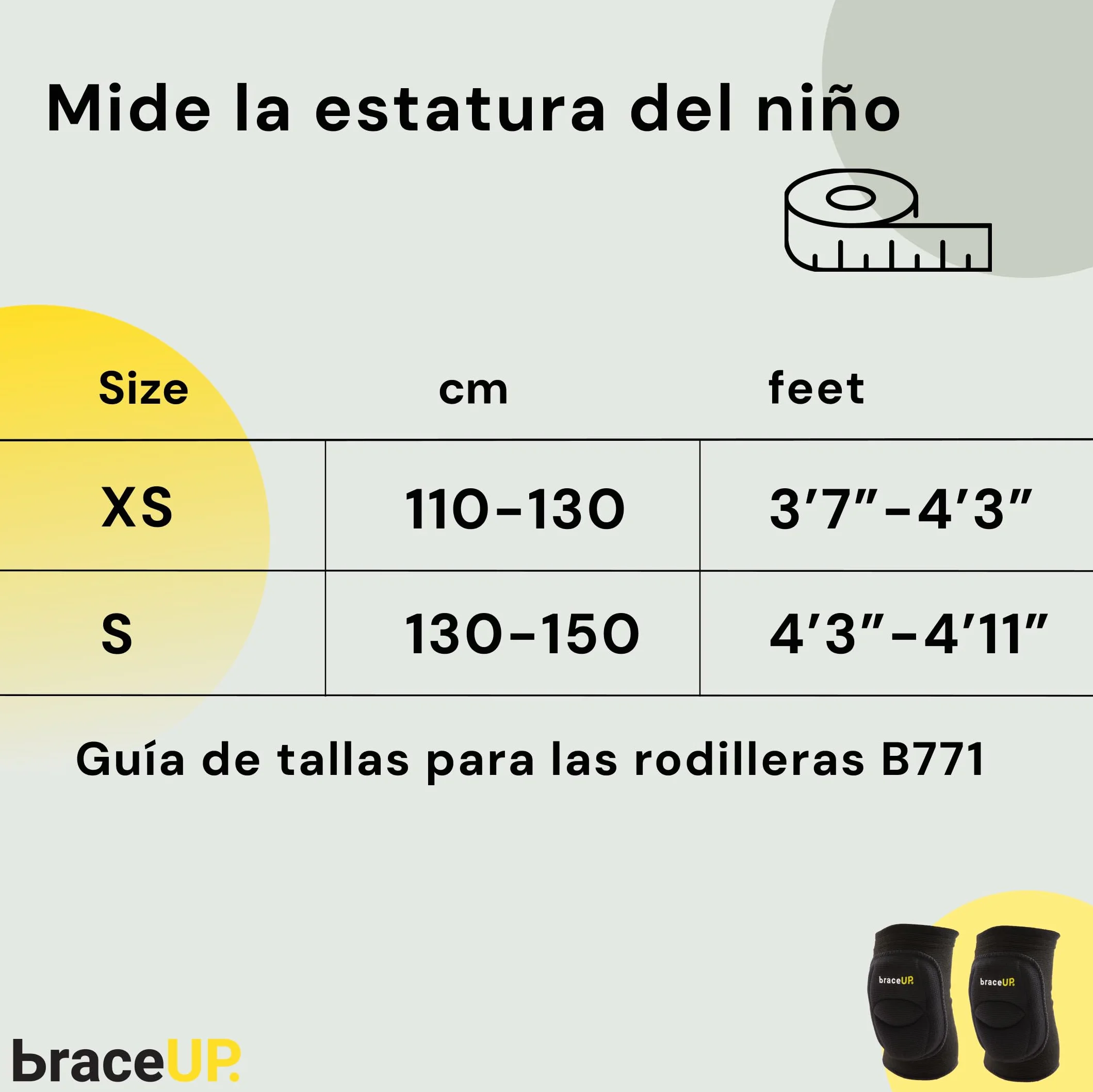 BraceUP Rodilleras Voleibol Protección Deportiva Niños 8–14 Años XS