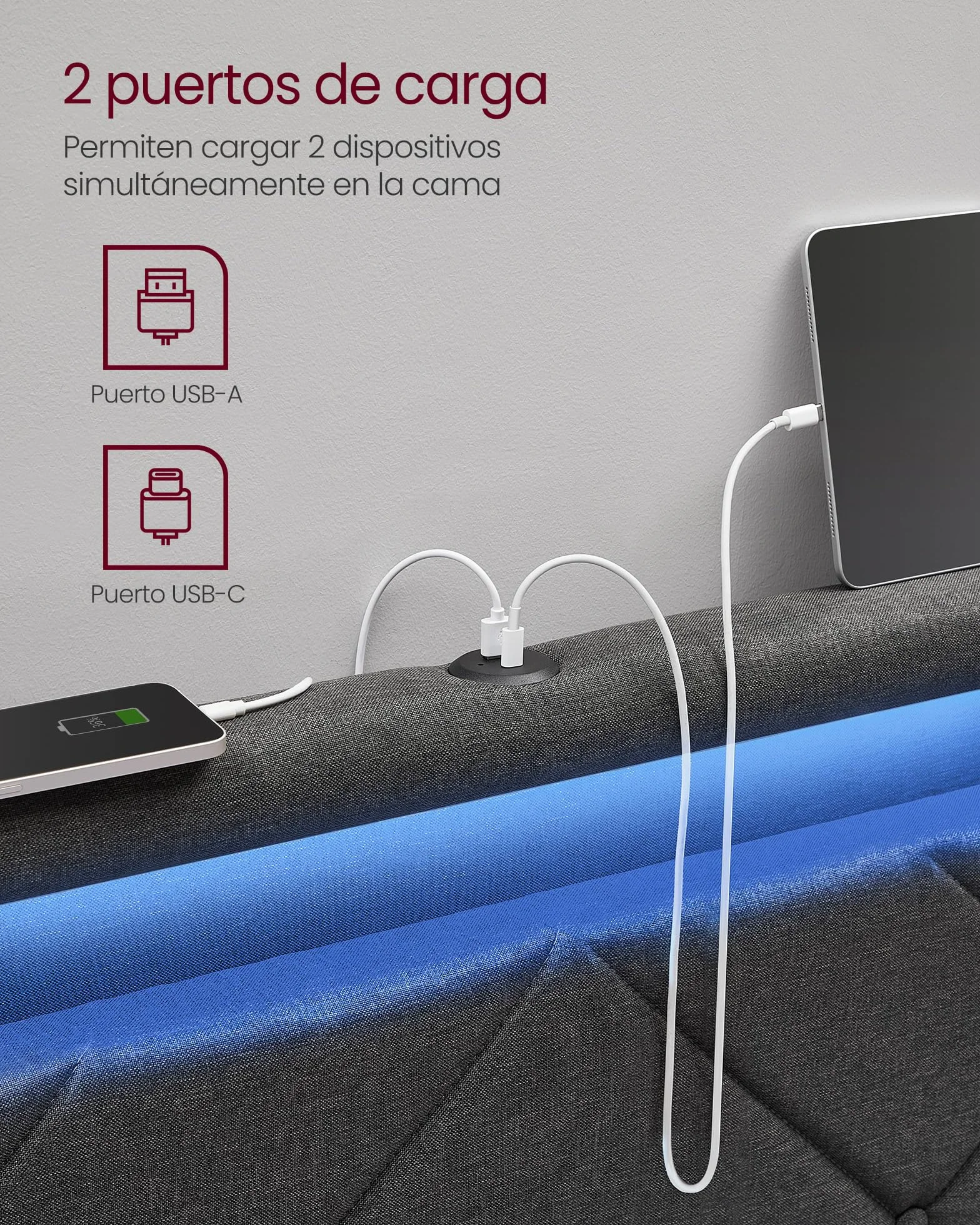 VASAGLE Marco de Cama Matrimonio, Base con Listones, 140 x 200 cm, LED, Metal, 4 Cajones, Estación de Carga, Cabecero Acolchado Ajustable, Gris Pizarra RMB827G02