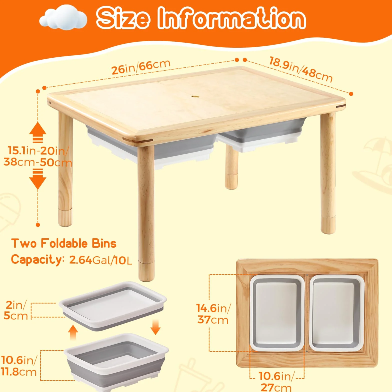 FUNLIO Mesa Sensorial de Madera con 2 Cubos para Niños de 1-5 Años, Mesa Sensorial Infantil de 3 Niveles Ajustable en Altura, para Jugar con Arena y Agua, Certificado CPC
