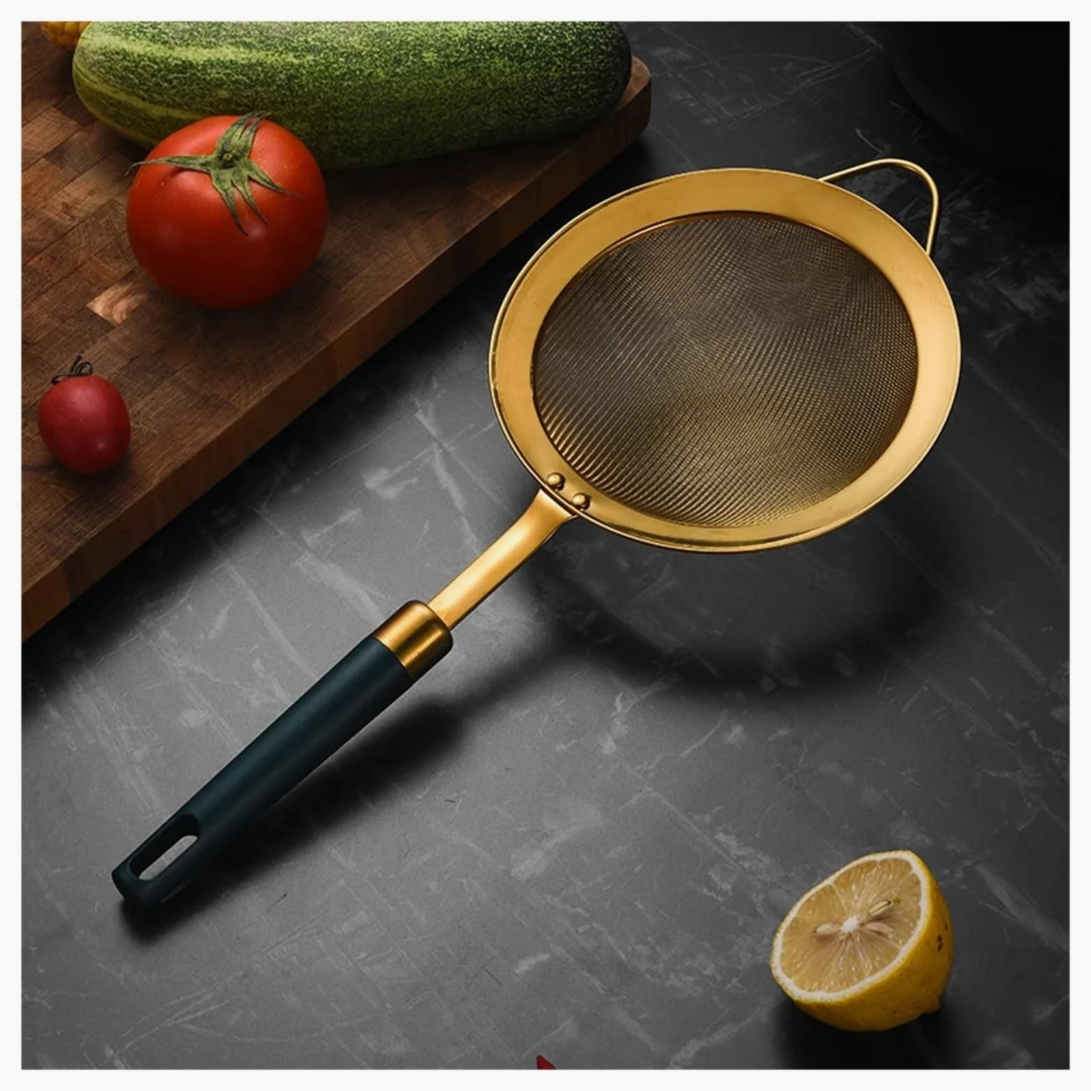 Colador Colador de malla fina de acero inoxidable 304 con mango dorado y verde, cuchara y colador, utensilios de cocina(18cm)