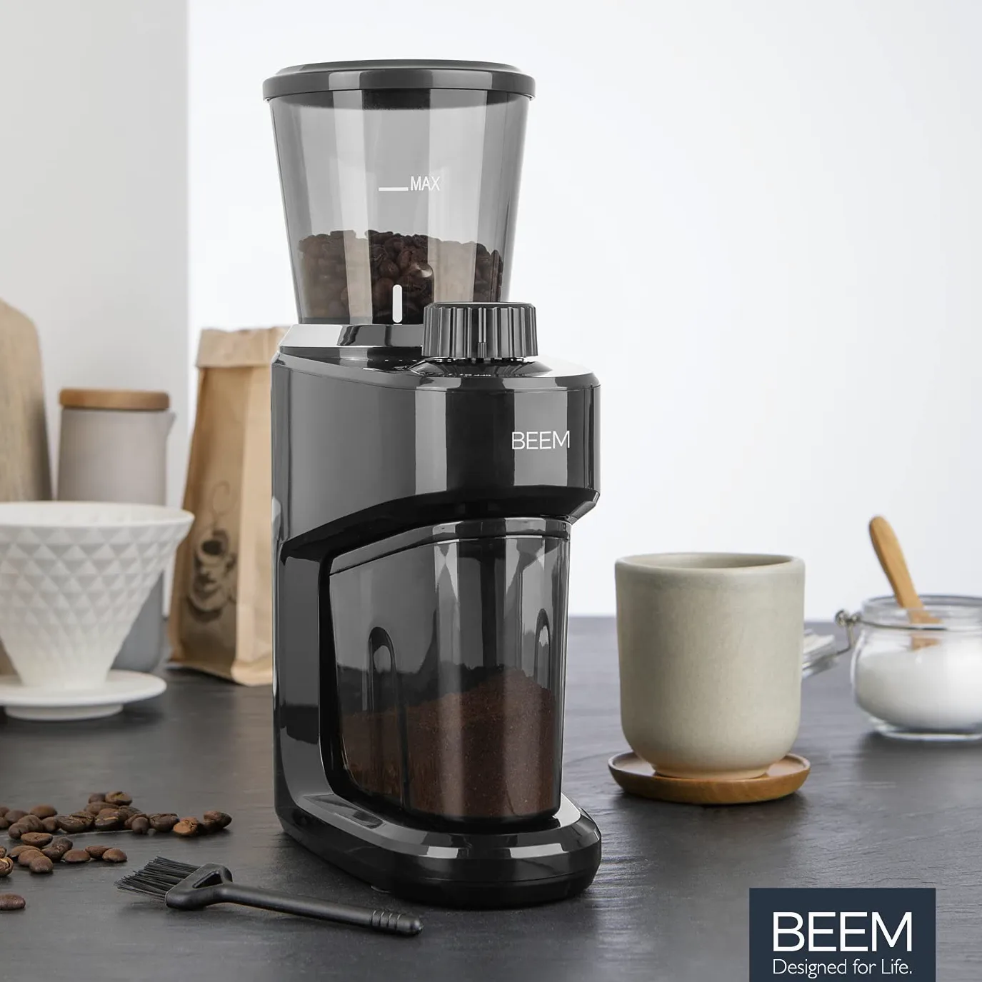 BEEM 3980 Grind-Intense Molinillo de café eléctrico, 160 g, mecanismo cónico de acero inoxidable, ajuste de grado de molienda de 15 niveles, recipiente de granos extraíble, 150 W