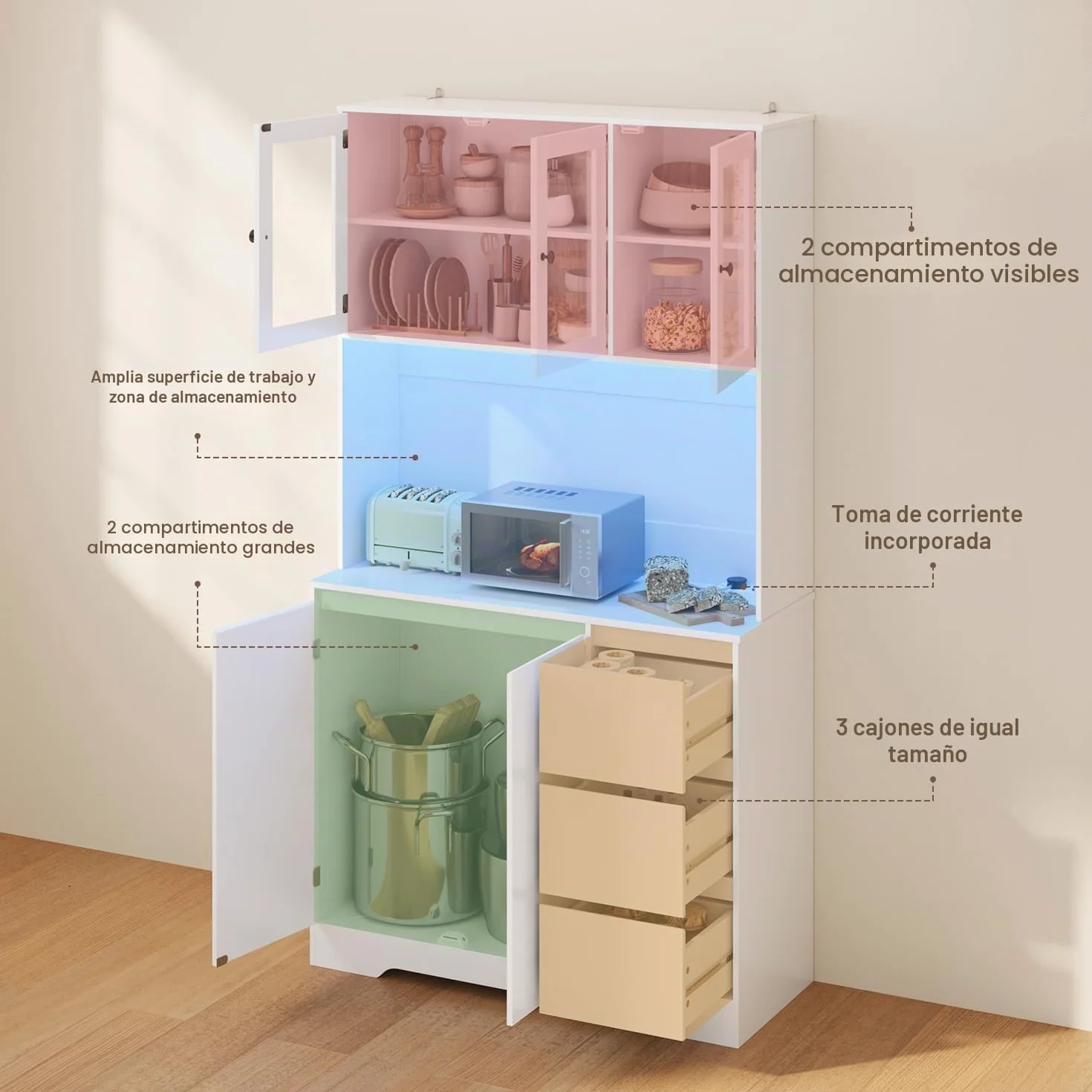Xbro Alacena de Cocina con LED y Placa Perforada, Armario Cocina con 5 Puertas y 3 Cajones,Armario Cocina Almacenaje para Cocina, Comedor, Salón, 100 x 40 x 180 cm, Blanco