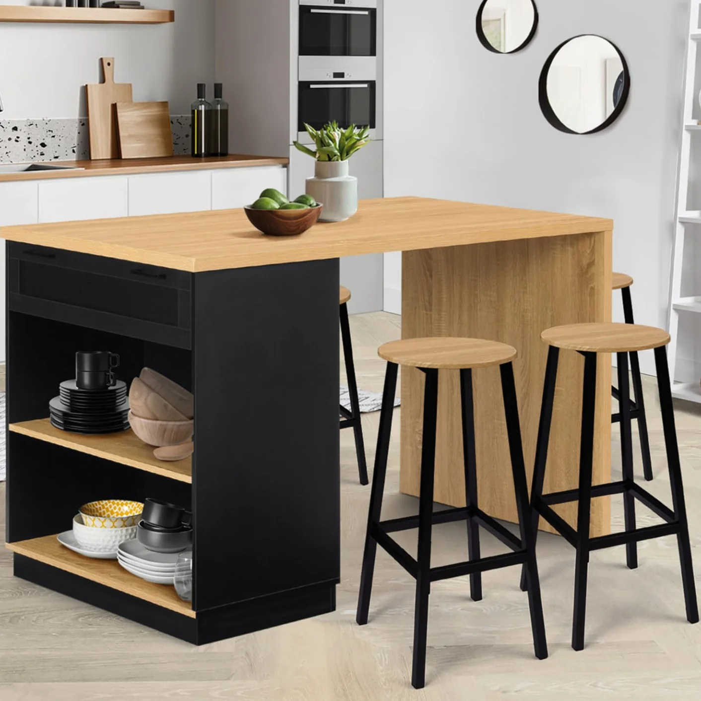 IDMarket – Ilot central para 4 personas VITO 130 cm negro y bandeja de madera