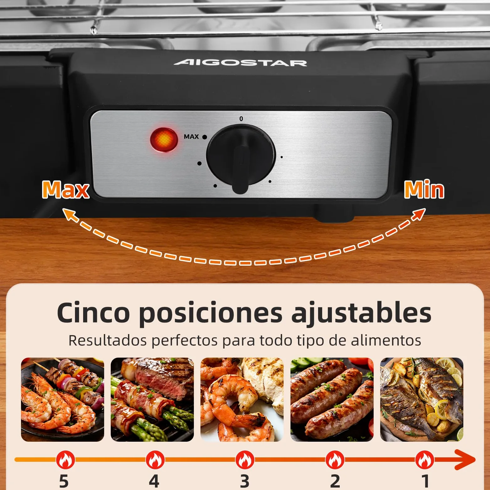 Aigostar Barbacoa electrica portatil, 2000 W, resitencia extraíble, Negro | Parrilla Inoxidable y Altura Ajustable a 2 Niveles, indicador luminoso, bandeja antigoteo, Tasty