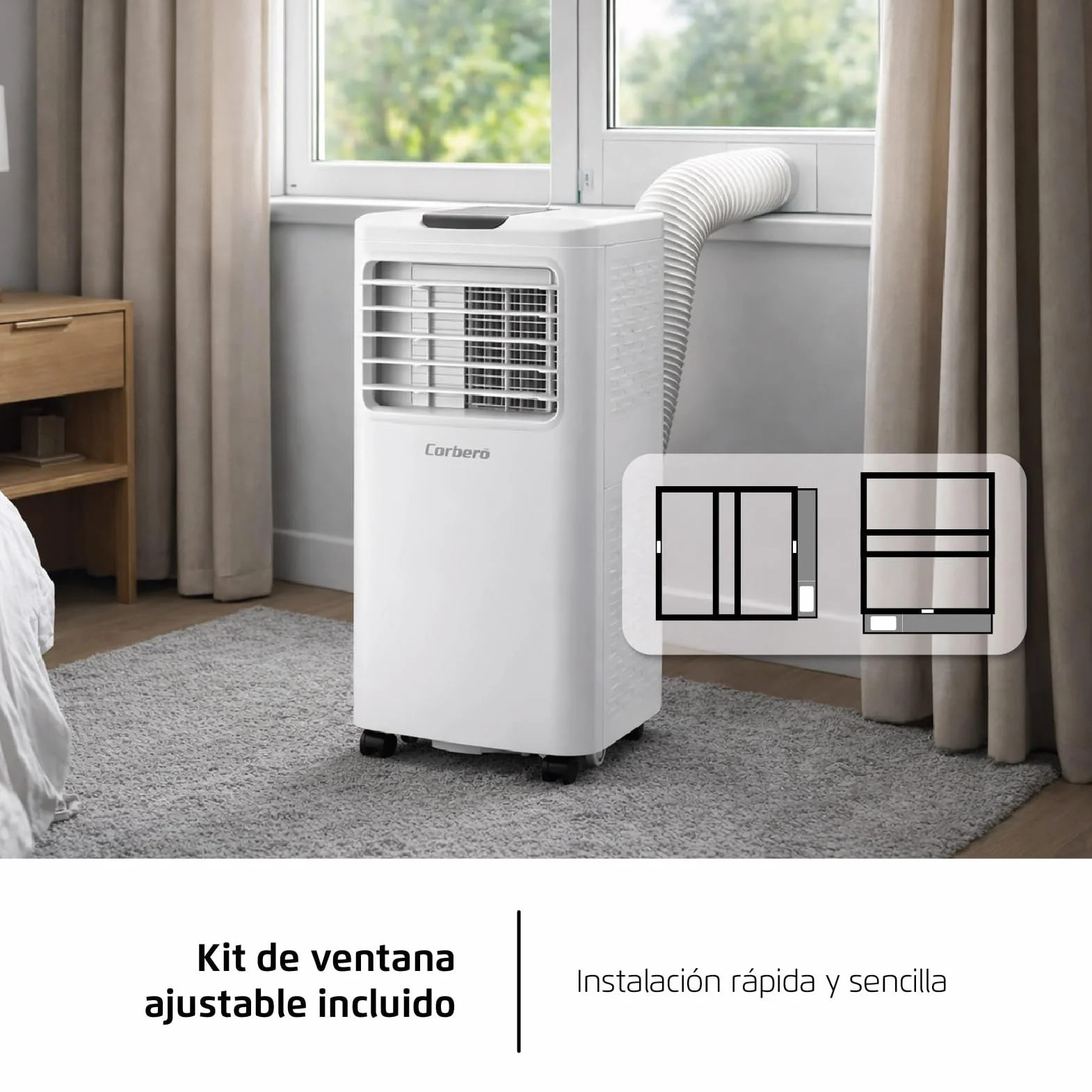 Corberó - Aire Acondicionado Portátil 3 en 1 con Mando | CPC12 | 12000BTU-3000 frigorias | 3500 W | Cobertura 22-25 m² | 16-31 ºC | Refrigeración | Ventilador | Deshumidificación |Temporizador