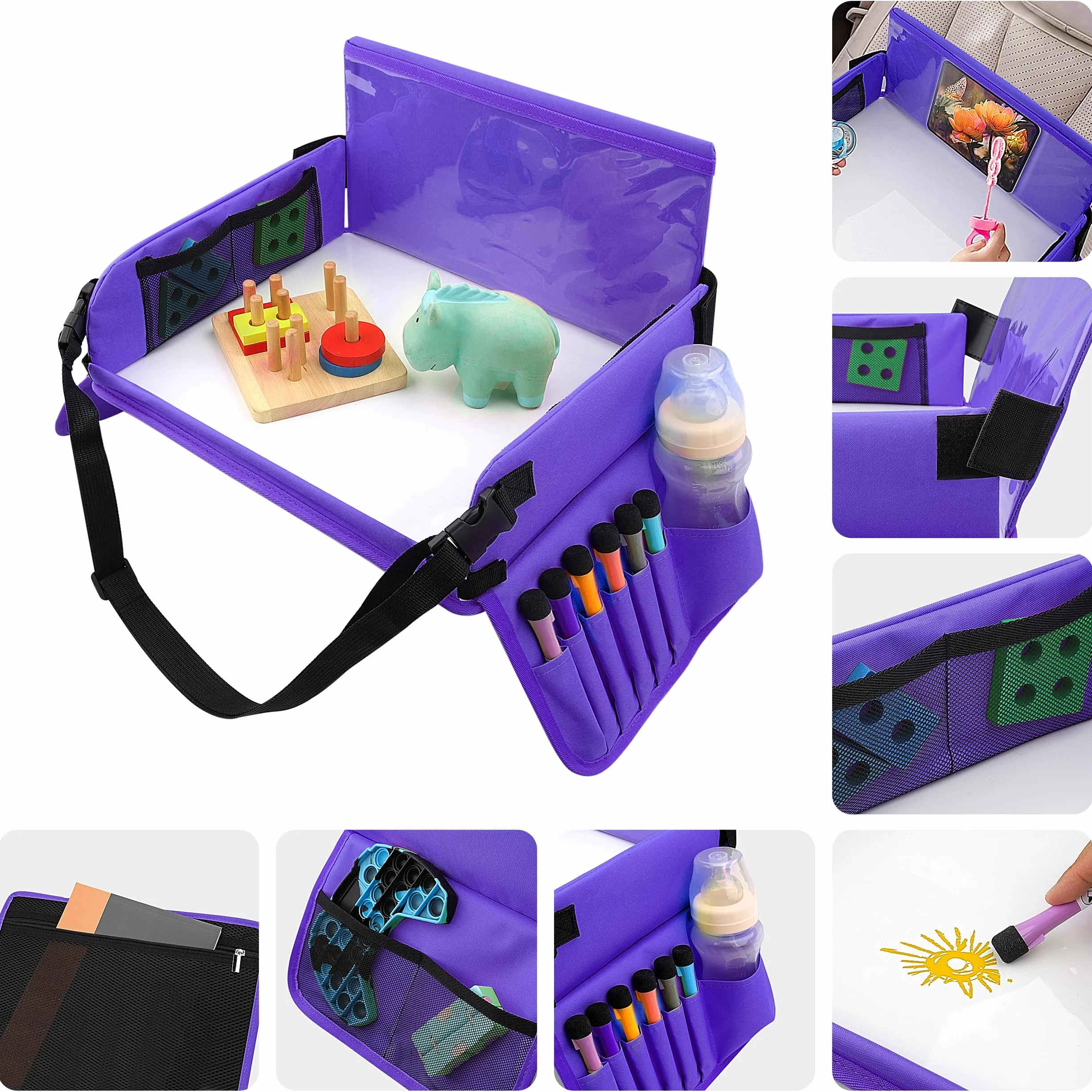 Mesa Coche para Niños,Doble Uso Bandeja Coche para Niños+Organizadores para Coche-6 Plumas Bandejas Coche para Coche, Cochecito de Bebé, Avión (Púrpura)