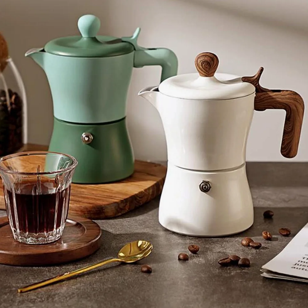 Cafetera Italiana para Espresso, 3 Tazas Cafetera Moka De Aluminio, Cafetera Moka con Asa De Madera(White)