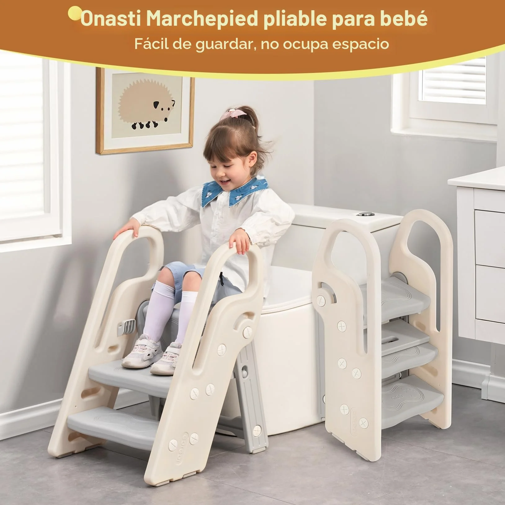 Onasti Taburete Plegable Infantil 3 Peldaños, Asiento Entrenamiento Inodoro Ajustable Antideslizante Gris