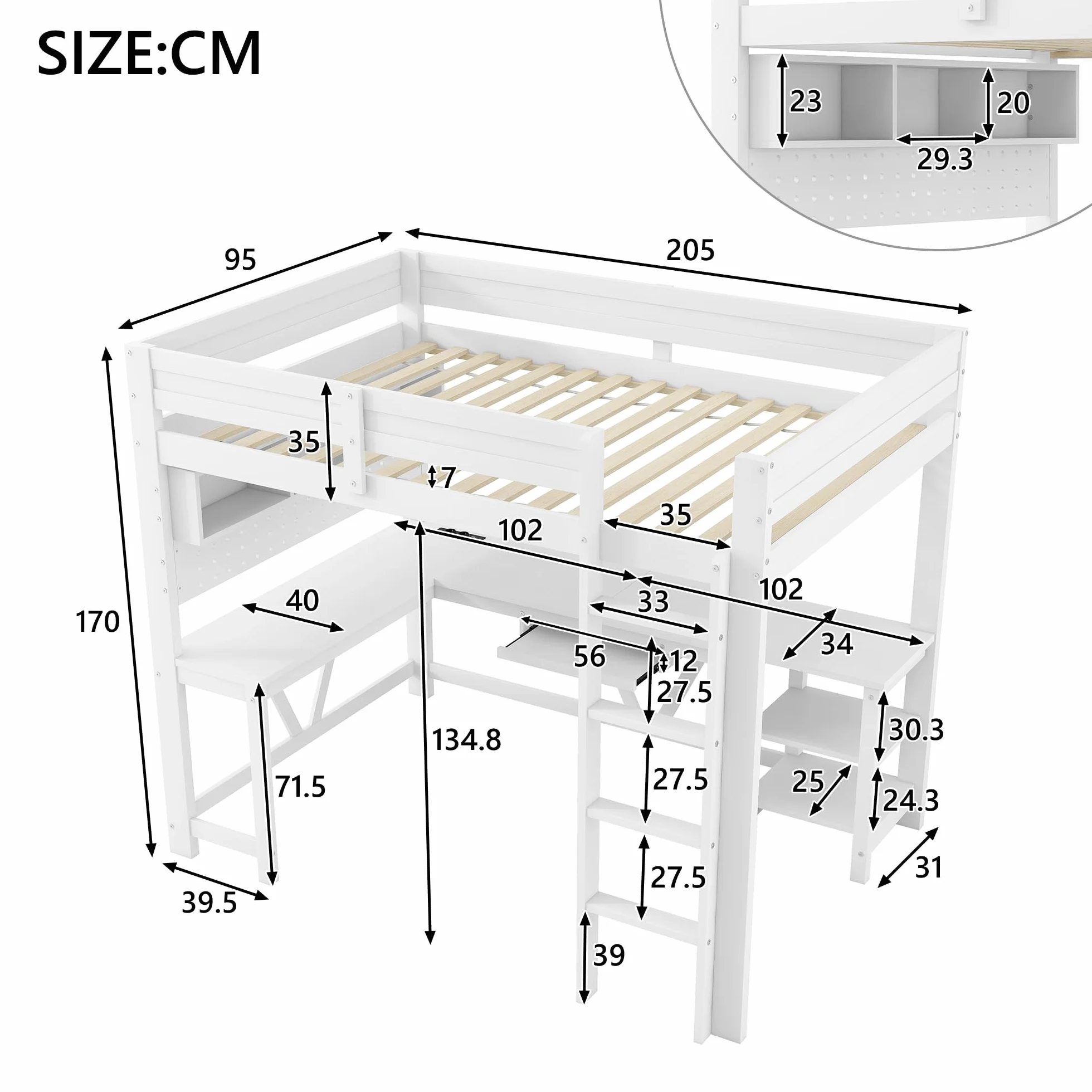 Moimhear Cama alta de madera para videojuegos con escritorio, estantes de almacenamiento, iluminación LED y base de carga, 90 x 200 cm (blanco)