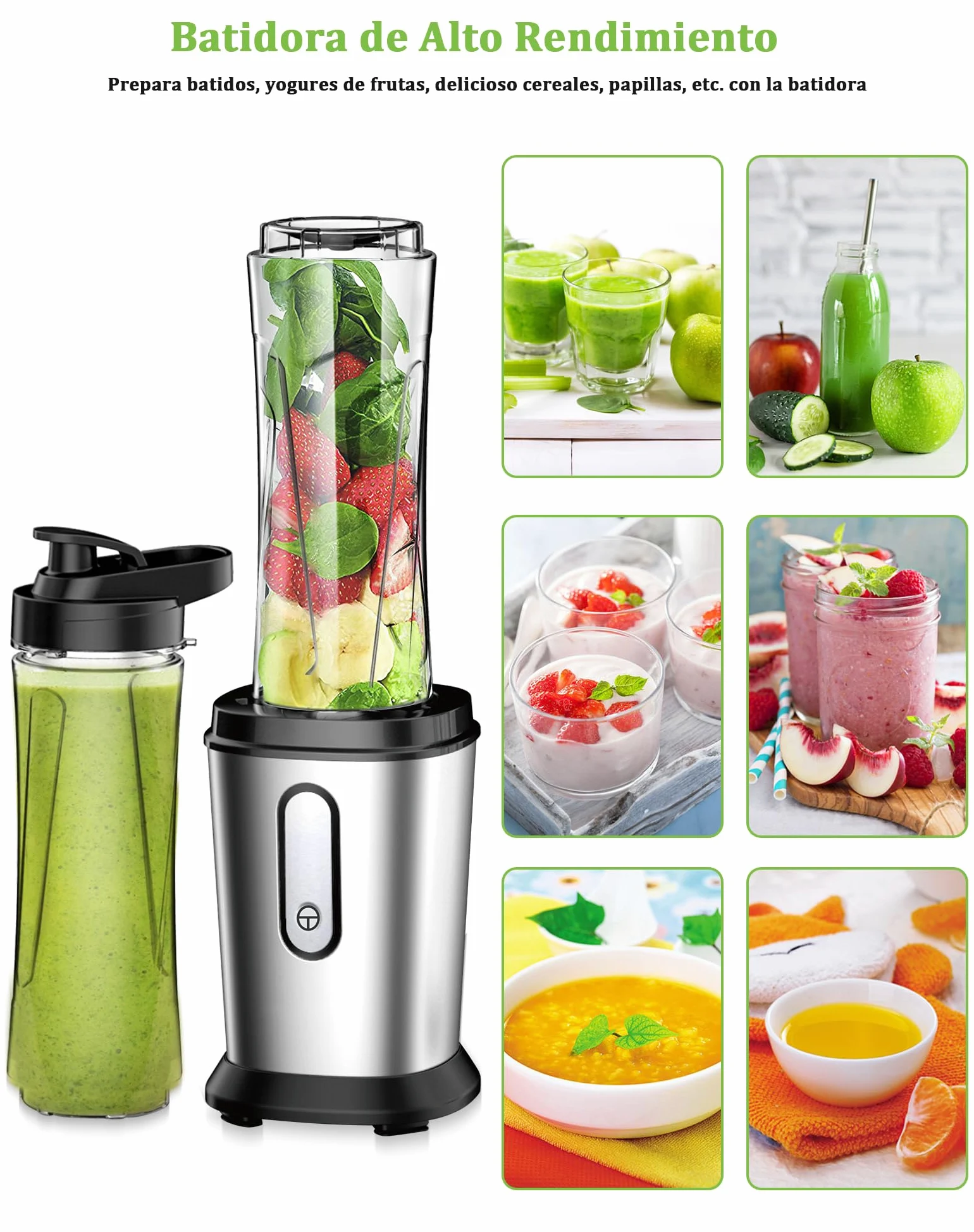 Batidora de Vaso, 500W Mini Portatil Batidora de Vaso Smoothies Individual con 2 Botellas de 600 ml de Plástico Tritan, Licuadora para Zumos, Batidos, Verduras, Frutas