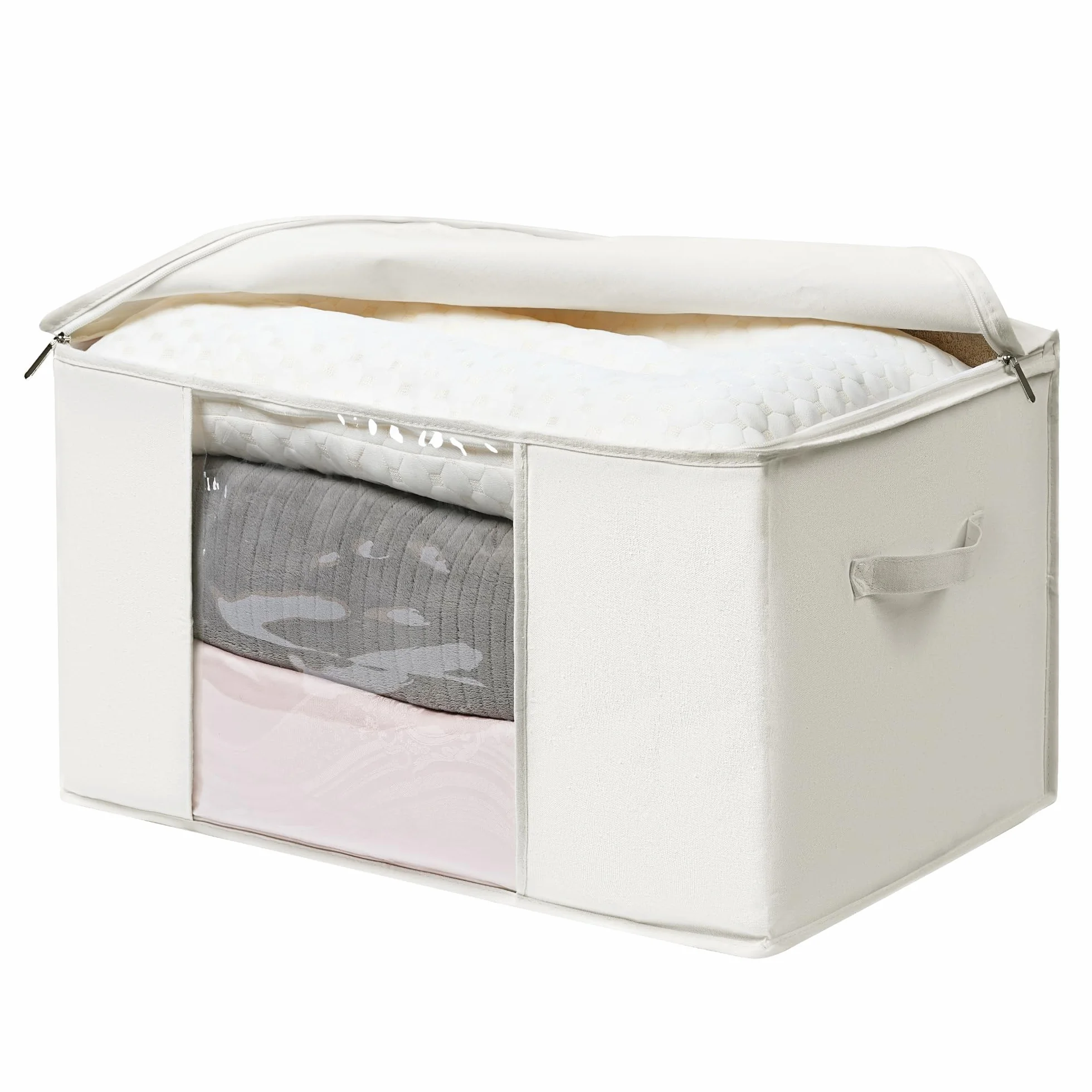 TYEERS Bolsas de Almacenaje de Tela Mezclada con Algodón, con Cremallera y Ventana Transparente, Organizador Armario para Ropa de Temporada y Ropa de Cama, 60x40x35 cm, Paquete de 2, Beige