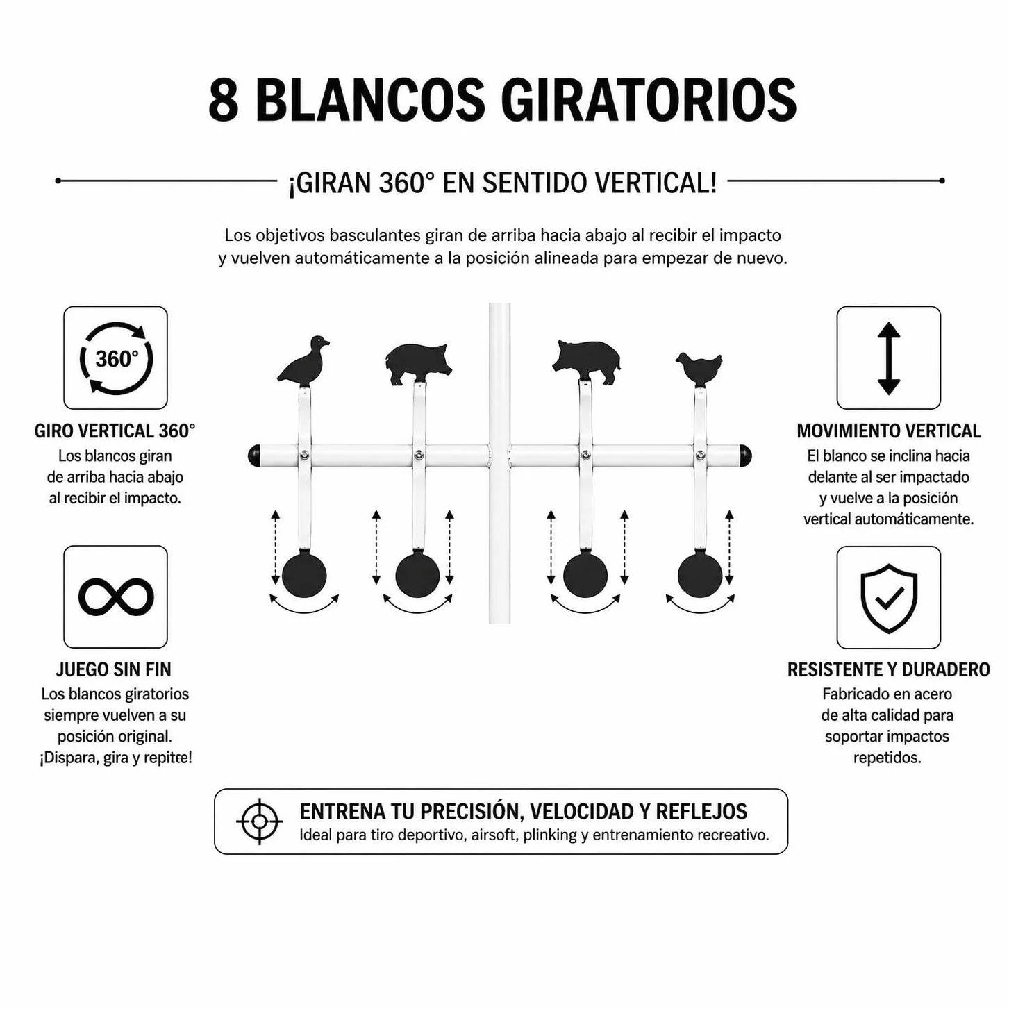Blancos móviles para tiro - Soporte para dianas 14x14 cms - 8 objetivos
