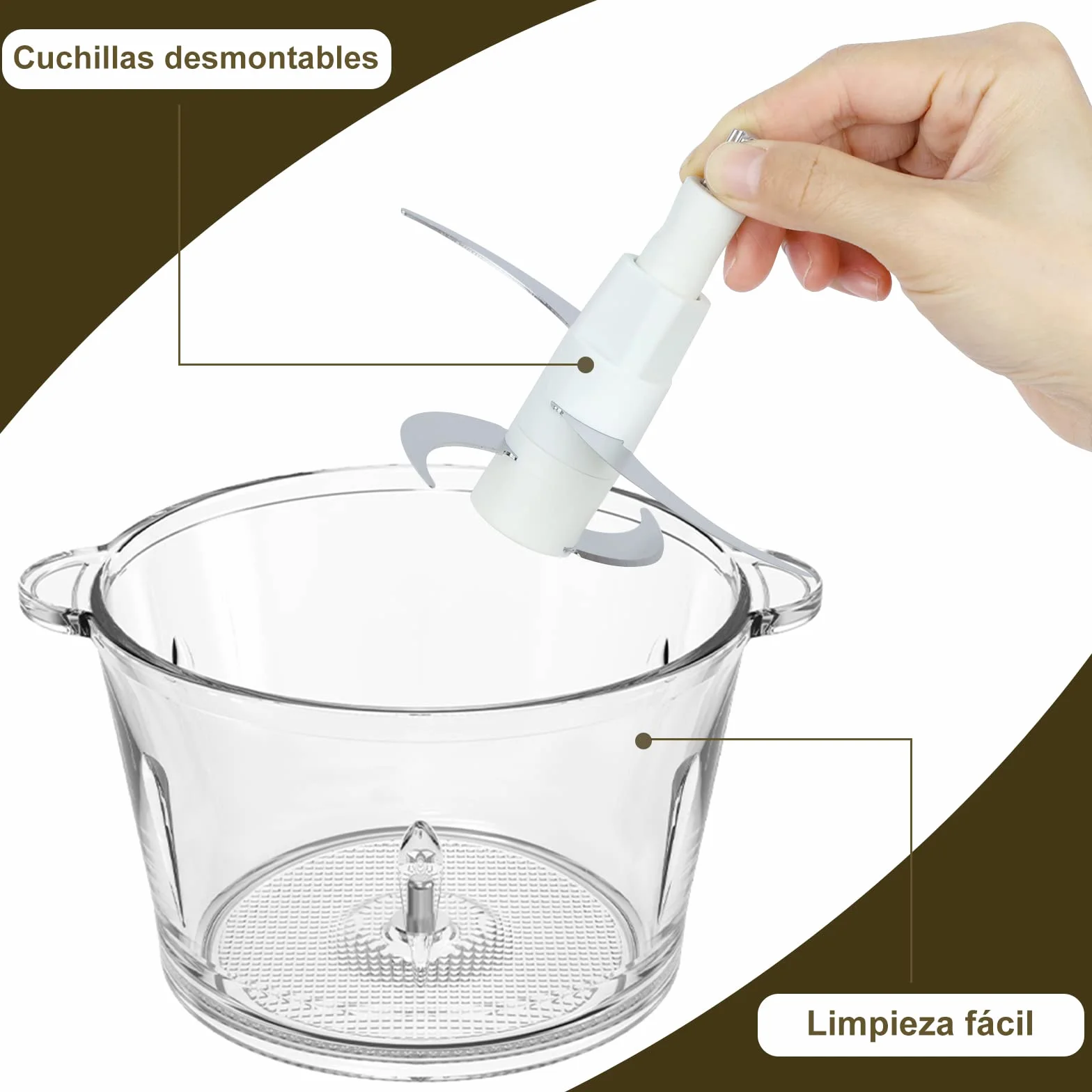 Bear 2L Vidrio Picadora De Alimentos, Función Pulso Con Una Mano,2600r/Min,2 Velocidades, Trituradora Con 4 Cuchillas De Acero Inoxidable, Picadora De Cocina Para Carne, Verduras,Cebolla Y Frutas
