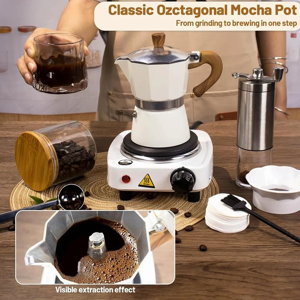 Cafetera Moka de Aluminio con Molinillo Manual y Dispensador de Moka. Cafetera Expreso CláSica para Cocina, 150 Ml (UE).